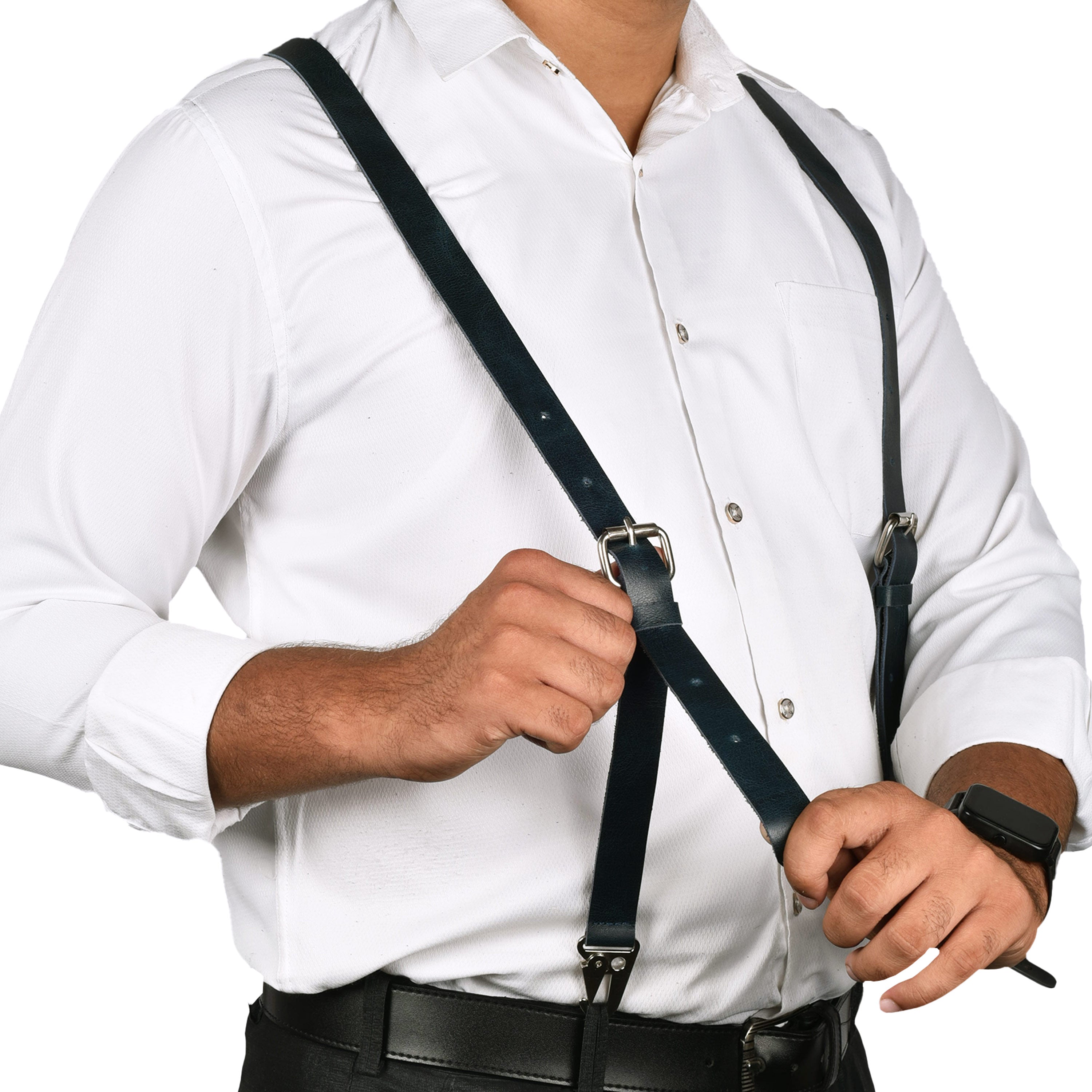 Leather Suspenders for Men & Women Adjustable Y-Back Braces with Snaps Vintage Classic Style for Any Occasion Blue Leather Suspenders for Men & Women Adjustable Y-Back Braces with Snaps Vintage Classic Style for Any Occasion Blue