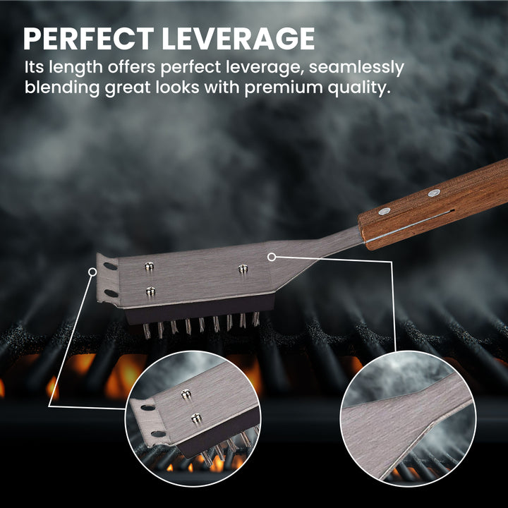 Grill Brush and Scraper for Barbecue with Replaceable Stainless Steel Bristles Head – Grill Brush for Outdoor Grill with Extended 15” Large Wooden Handle