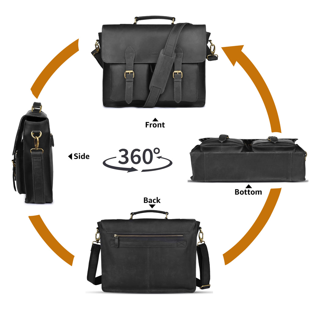 Briefcase Leather Messenger Bag - Black