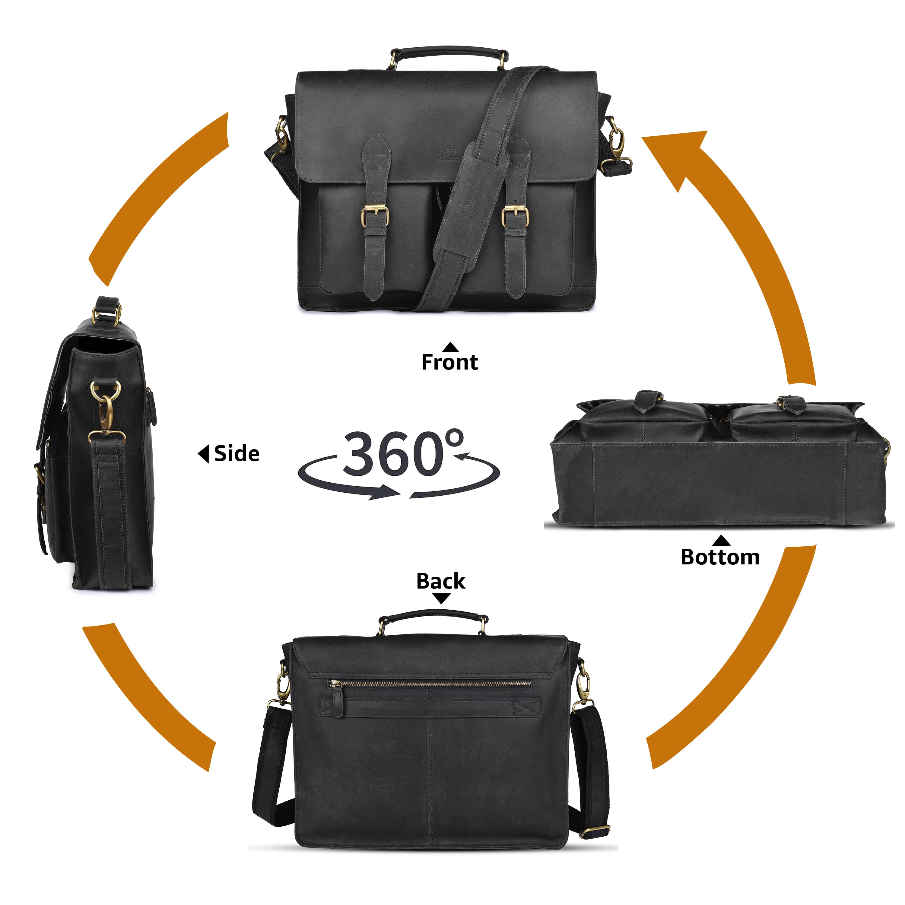 Briefcase Leather Messenger Bag - Black