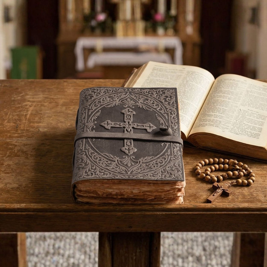 Vintage style black leather Christian Bible with cross embossing