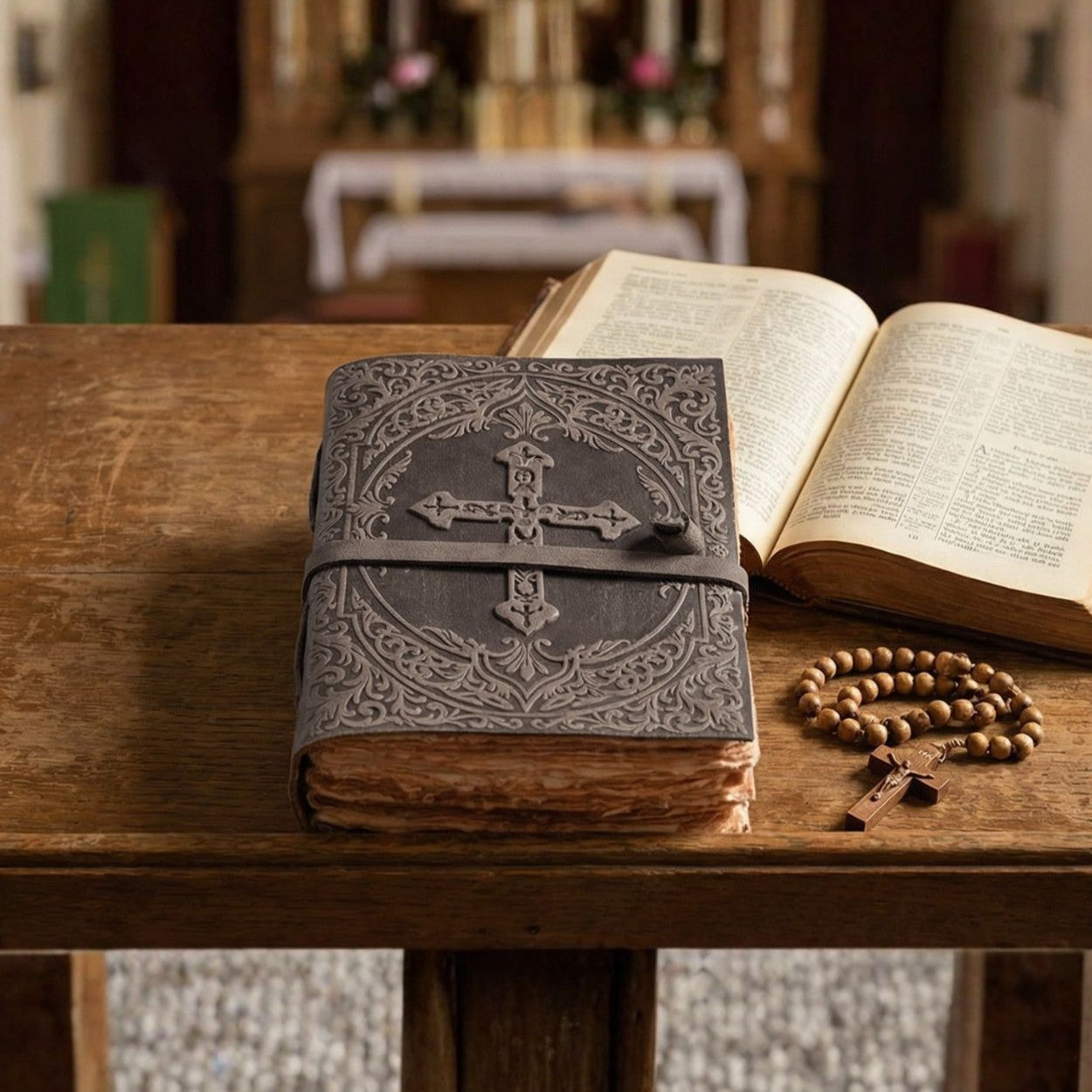 Vintage style black leather Christian Bible with cross embossing