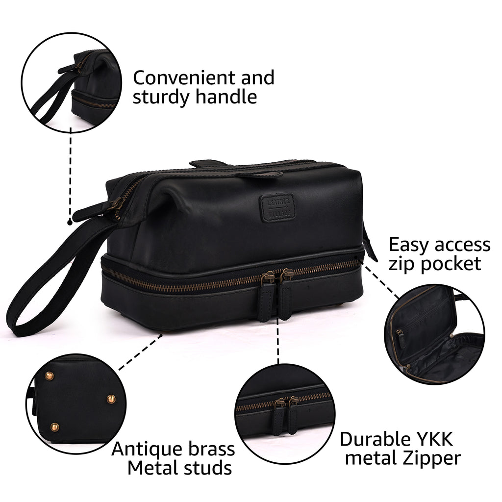 Black Leather Dopp Kit – Travel Toiletry Bag