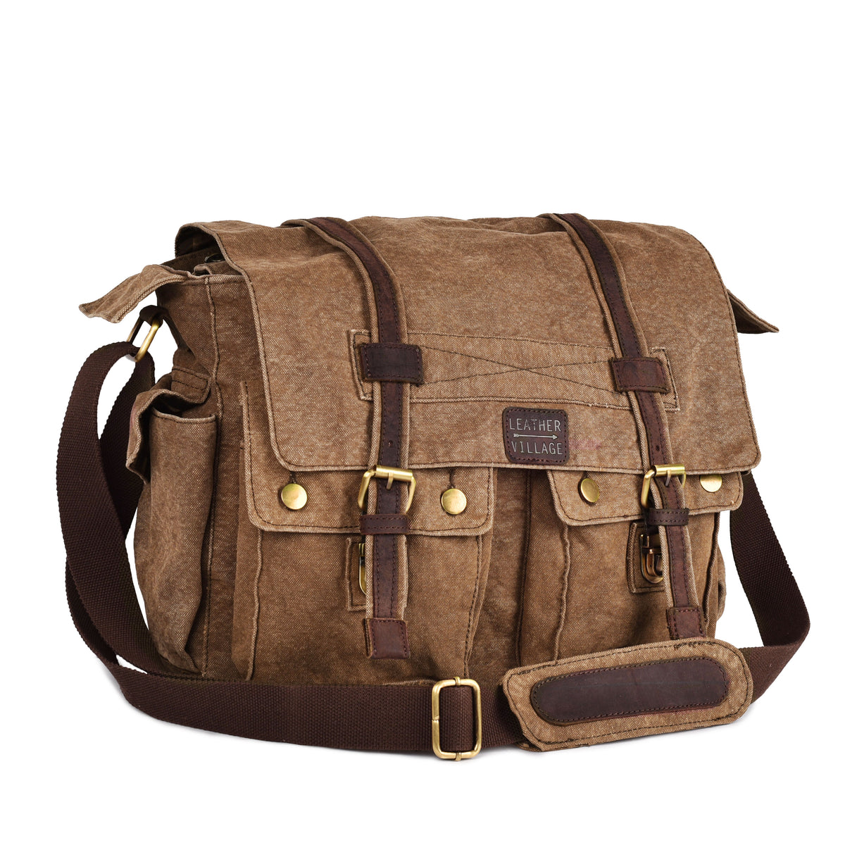 Vintage Canvas Messenger Bag – 16 Inch Handmade Laptop Shoulder Bag for Men & Women – Crossbody Work Bag for Office, Travel & Daily Use - Brown