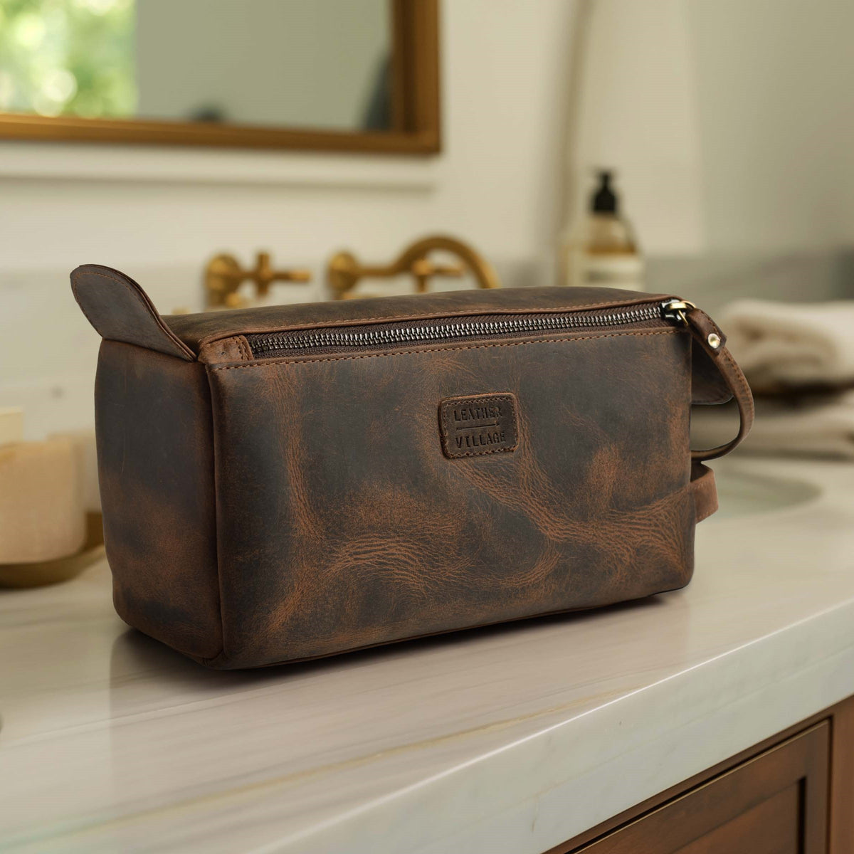 Leather Toiletry Bag – Rustic Brown – Travel Dopp Kit for Men & Women