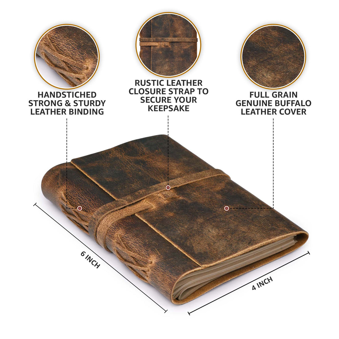 Leather Journal Writing Notebook - Lined Paper 300 Kraft Pages, Rustic Brown - Handmade Genuine Leather Bound Daily Notepad for Men &amp; Women</p>