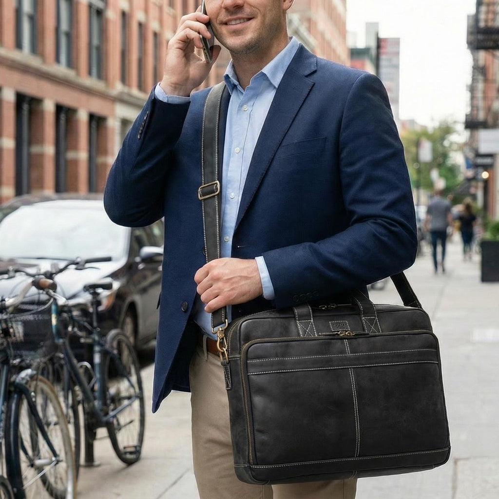 Leather Laptop Messenger Briefcase Bag - Black
