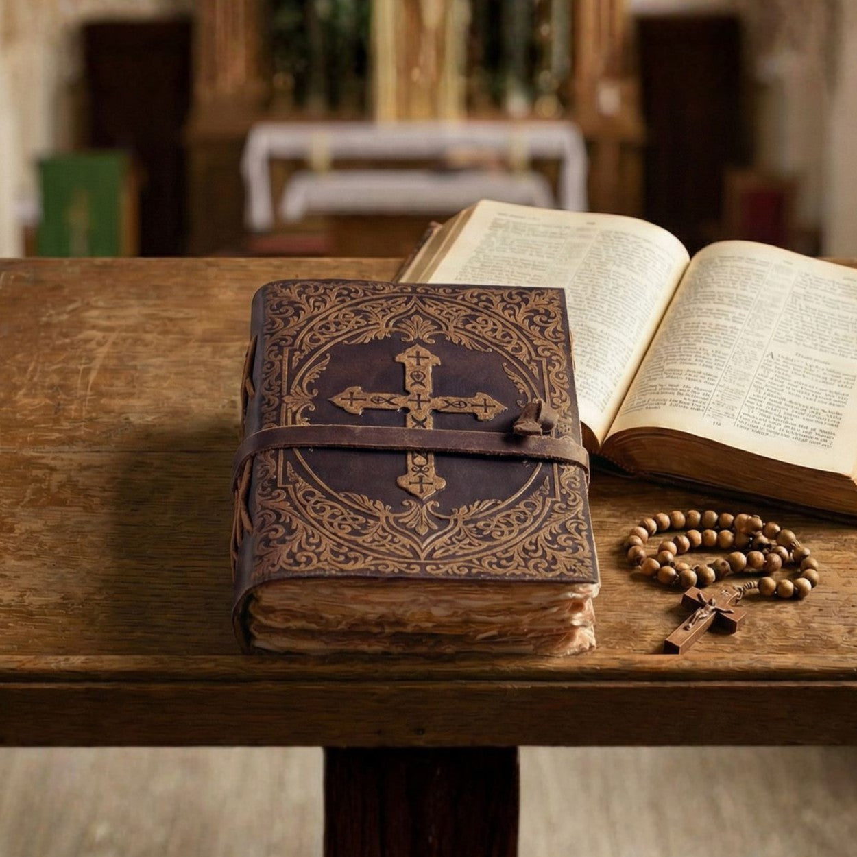Full grain dark brown leather Holy Bible with artisan craftsmanship