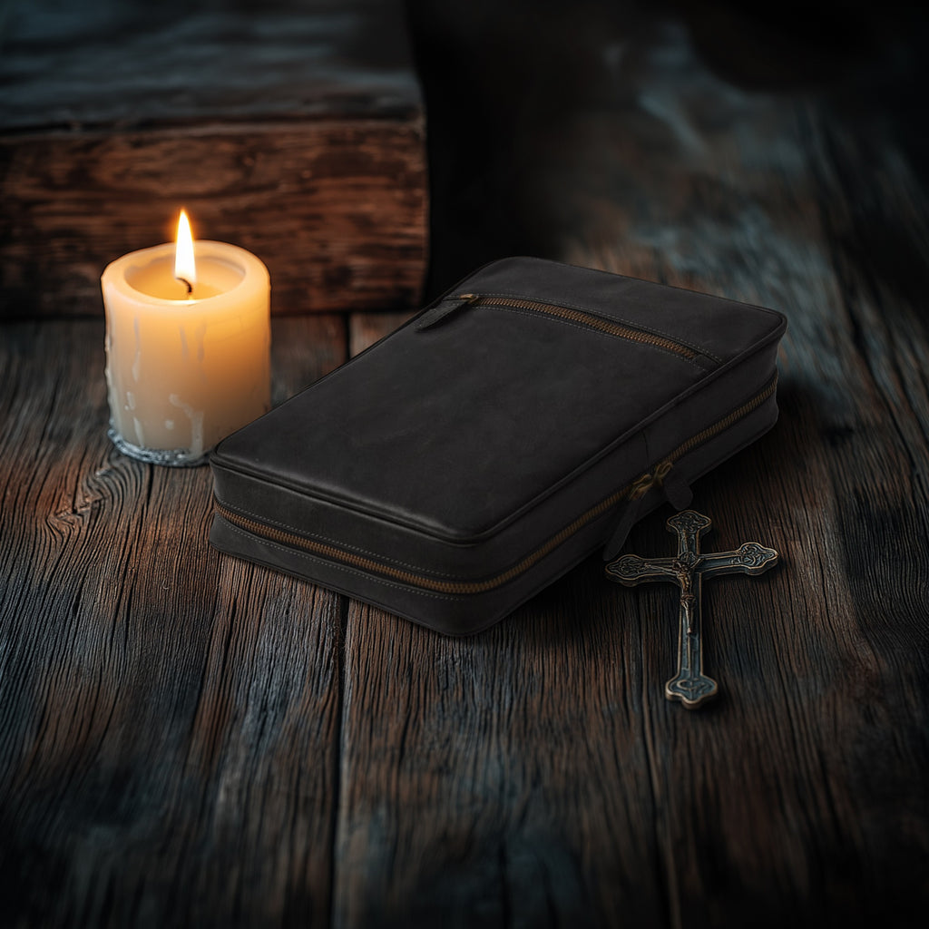 Black Leather Bible Cover with Zipper - Protective Bible Case