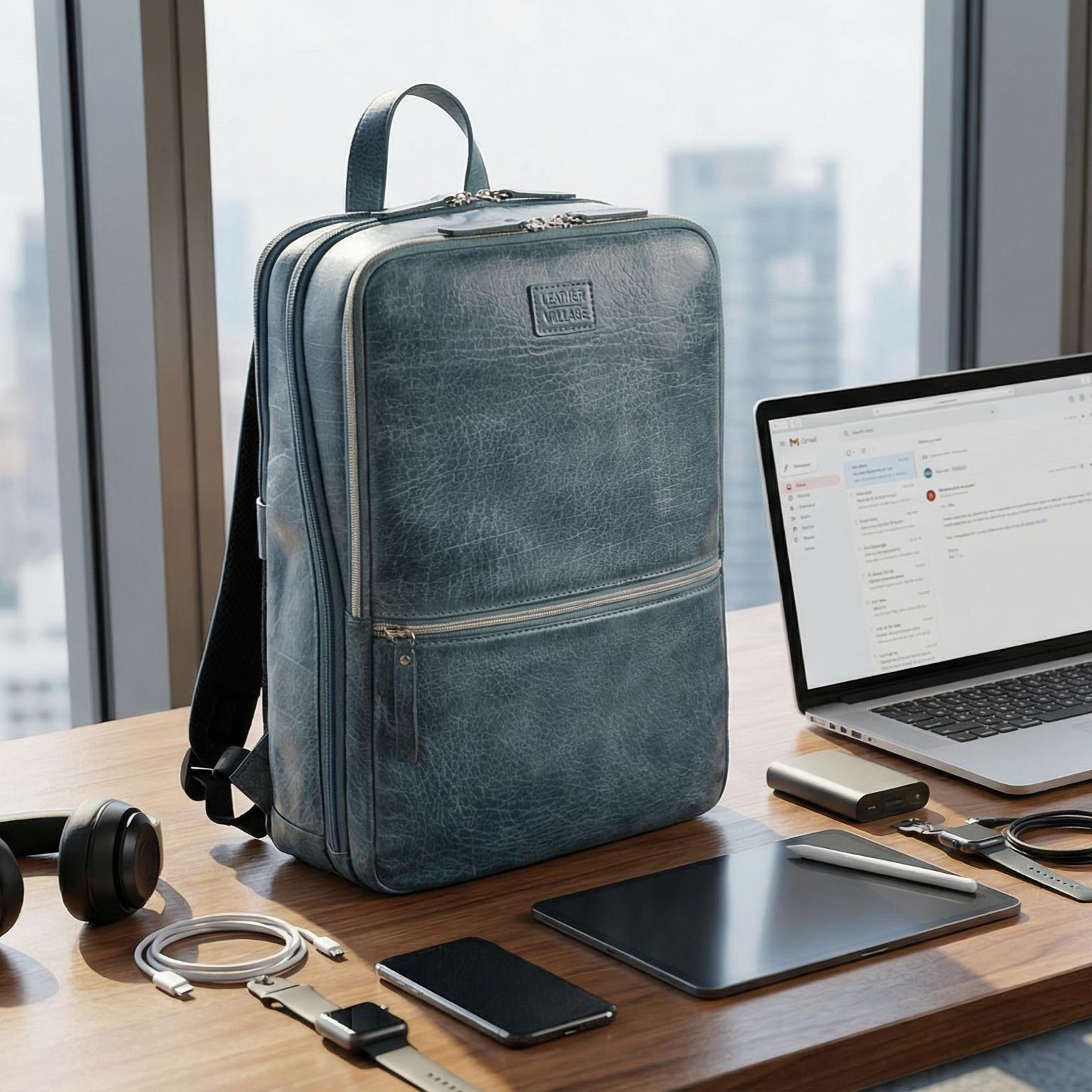 Teal Blue Leather Laptop Backpack for Work & Travel Leather Village