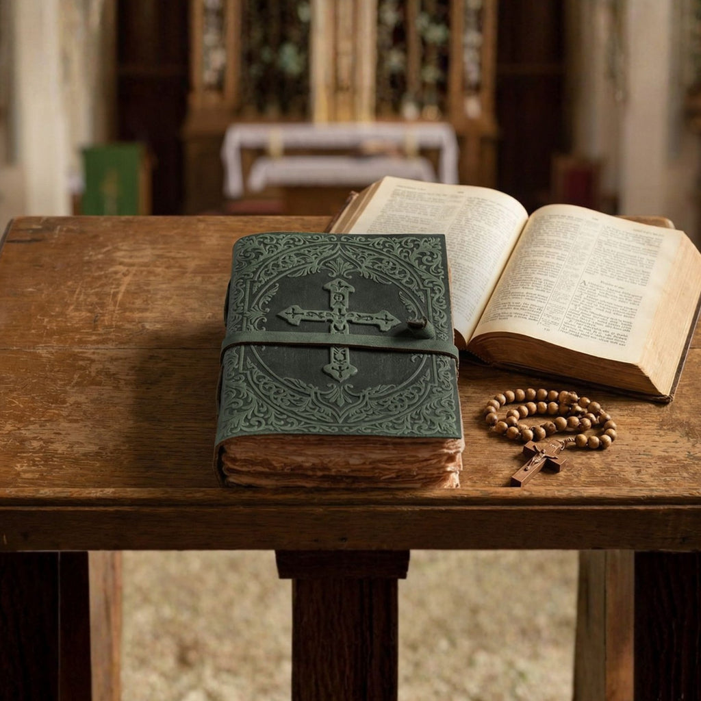 Luxury embossed green leather Bible for prayer and devotion