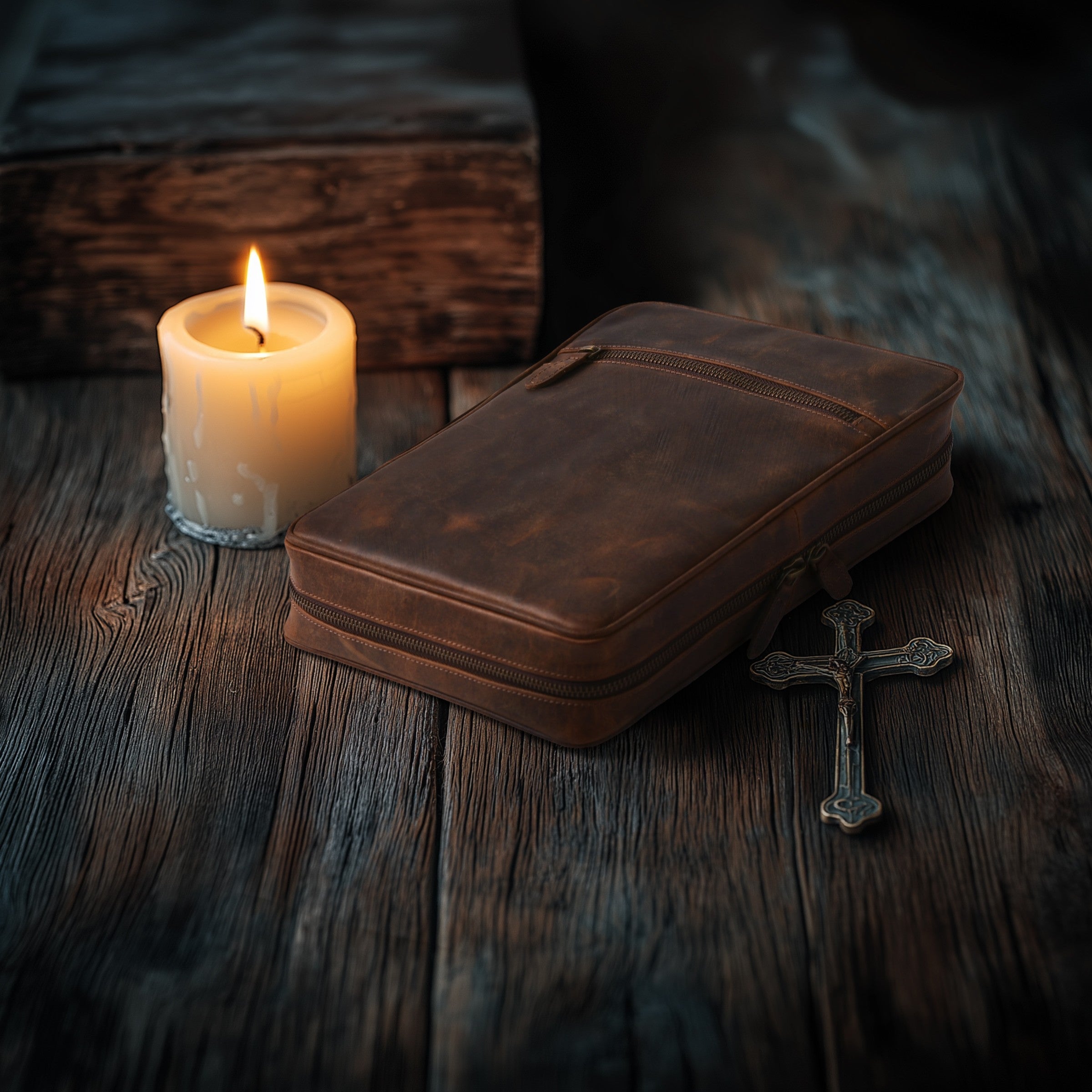 Distressed Brown Leather Bible Cover with Zipper - Protective Bible Case Leather Village