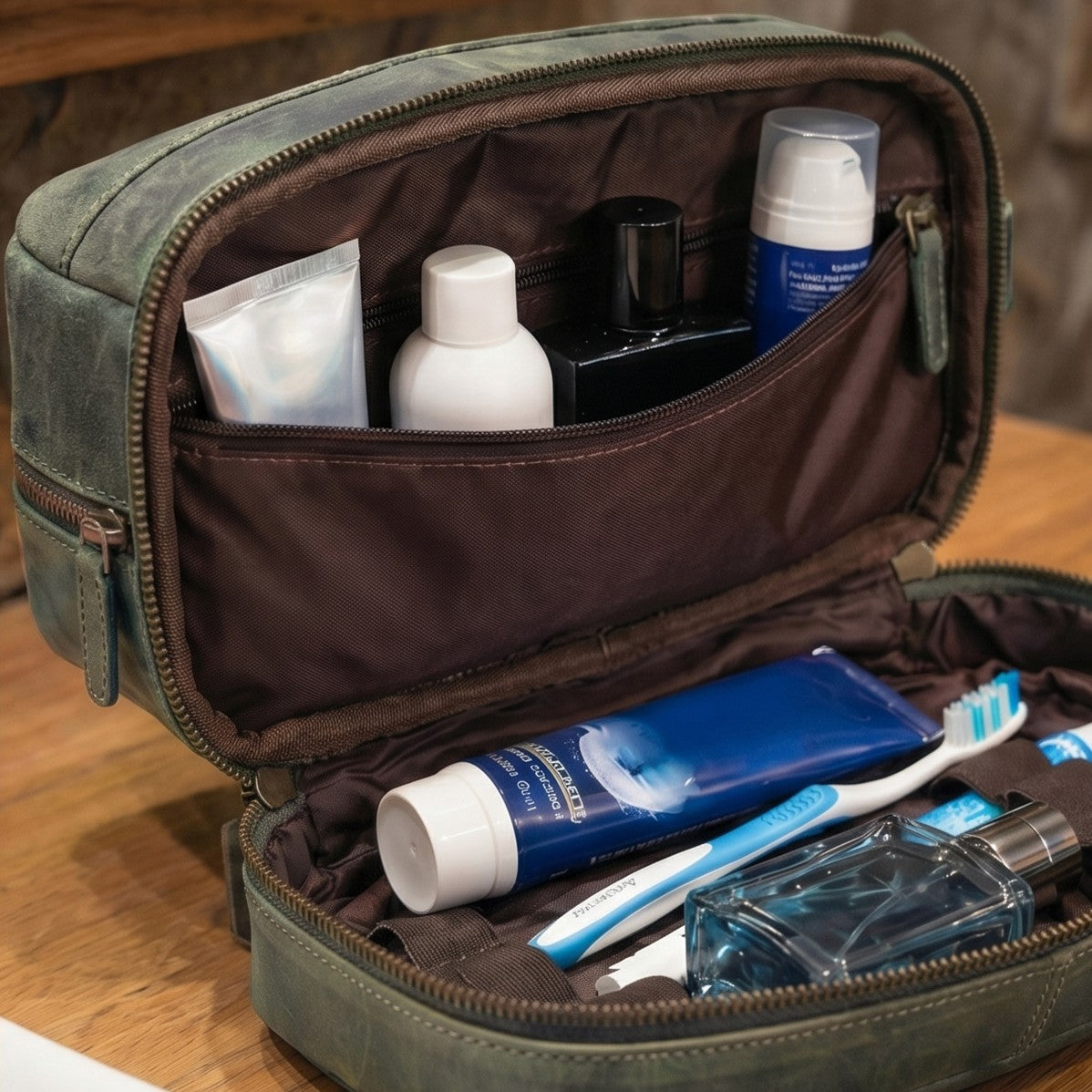 Leather Village Vintage Olive Leather Toiletry Bag with Spacious Organizer Compartments