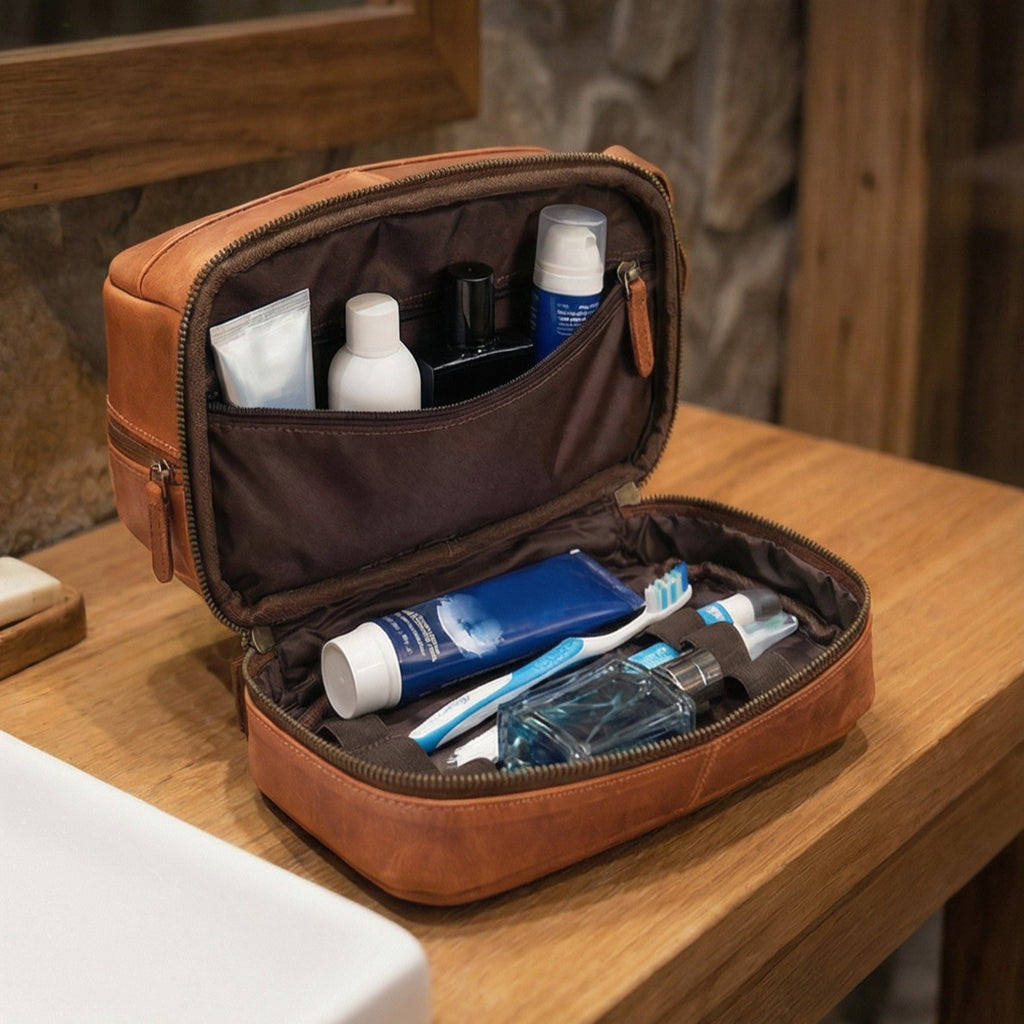 Leather Village vintage leather shaving pouch with secure zipper closure
