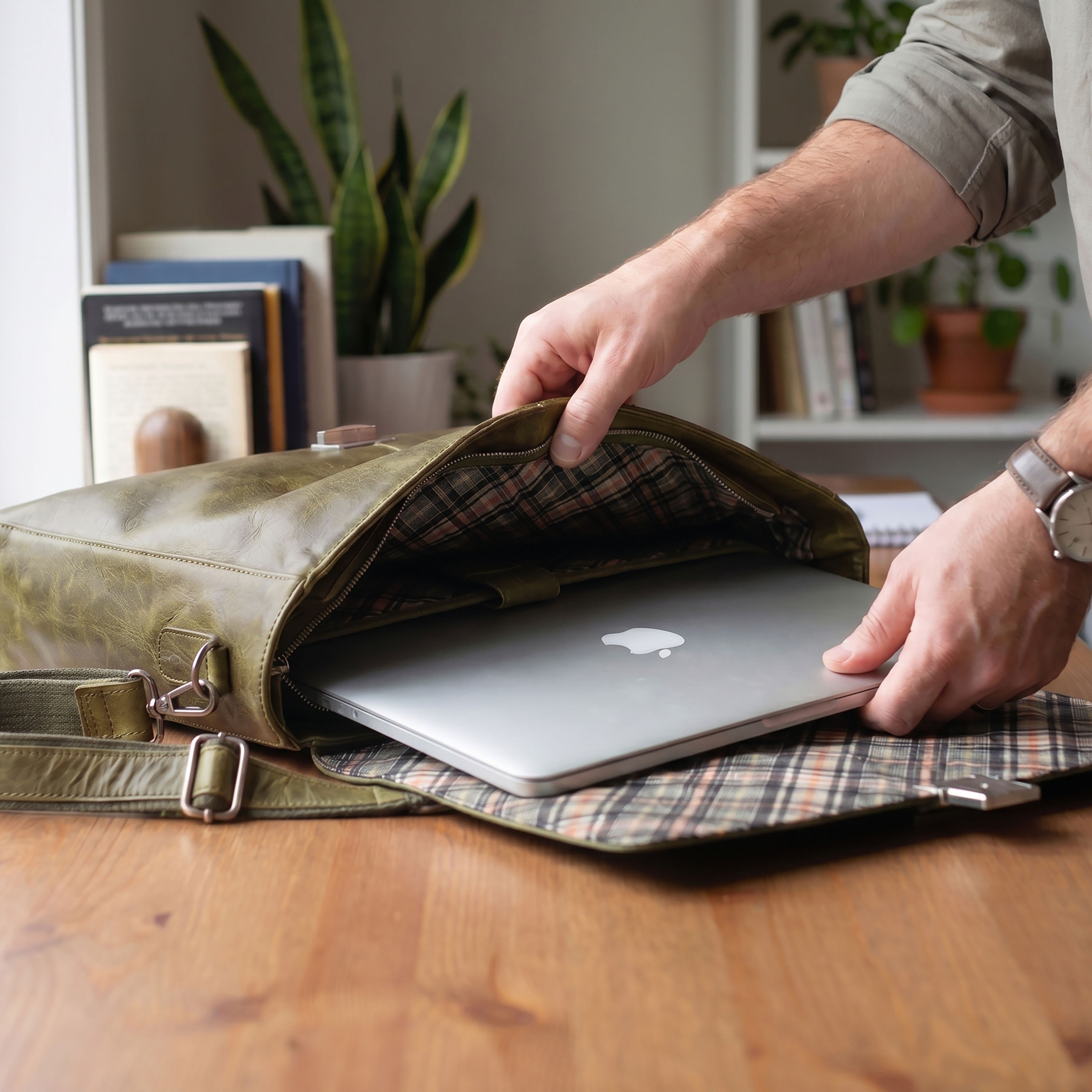 Leather Messenger Bag for Men & Women - Olive