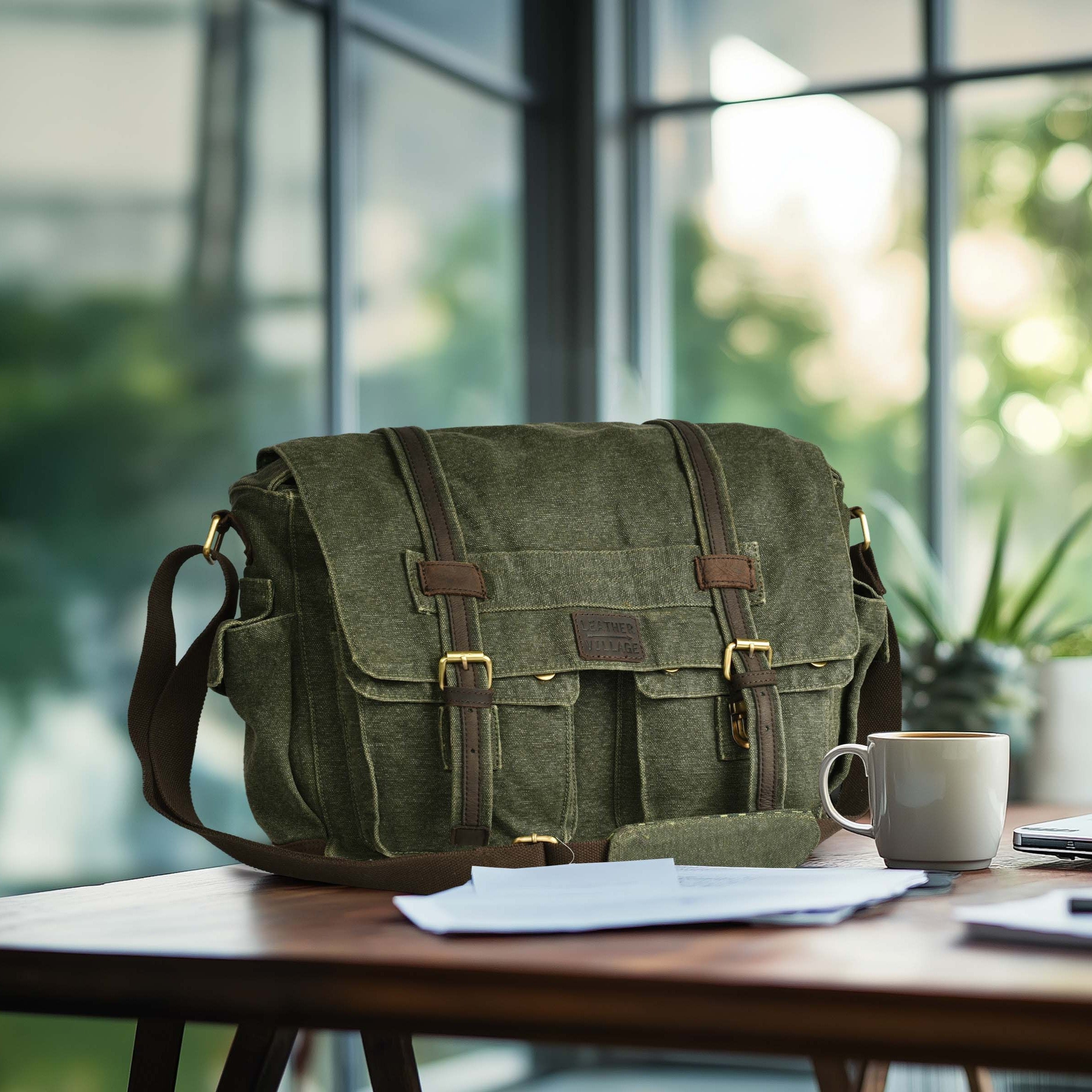Canvas Messenger Shoulder Bag - Green