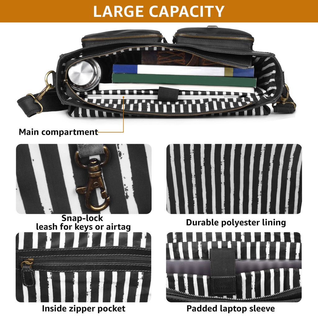 Briefcase Leather Messenger Bag - Black