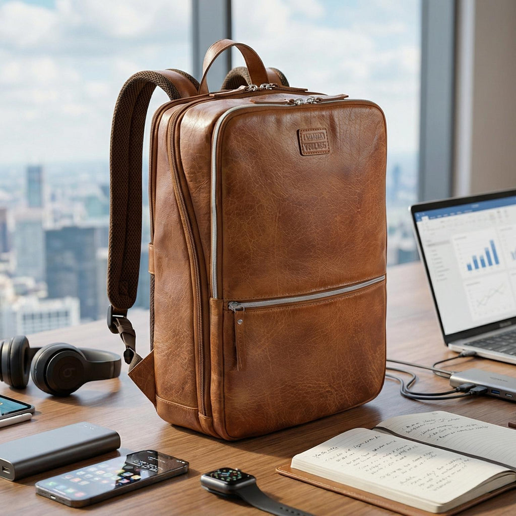 Tan Brown Leather Laptop Backpack for Work & Travel