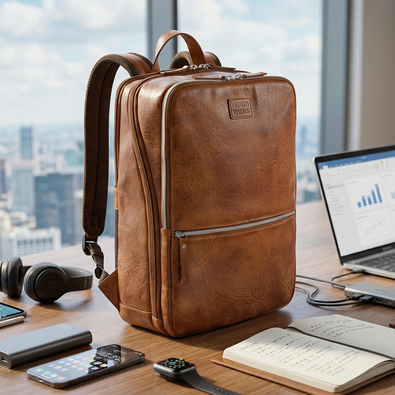 Tan Brown Leather Laptop Backpack for Work & Travel