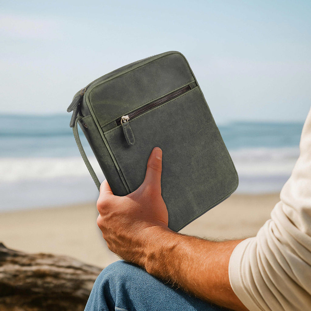 Olive Leather Bible Cover with Zipper - Protective Bible Case Leather Village