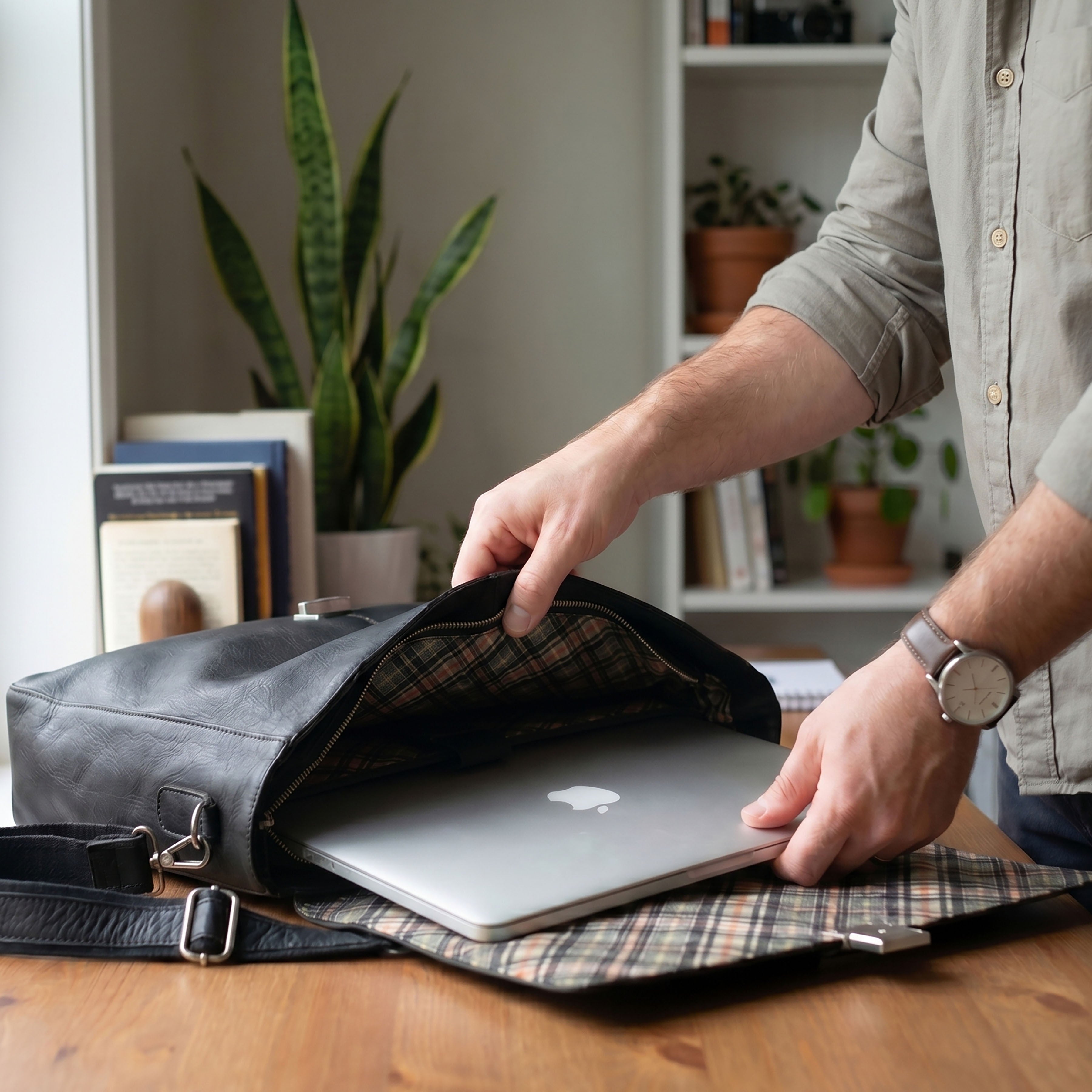 Leather Messenger Bag for Men & Women - Black