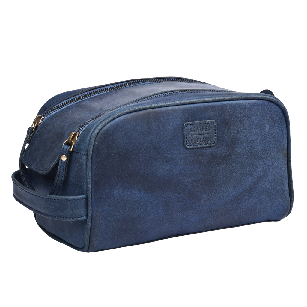 Blue Leather Toiletry Bag for Men – Genuine Leather Travel Grooming Bag – Leather Village