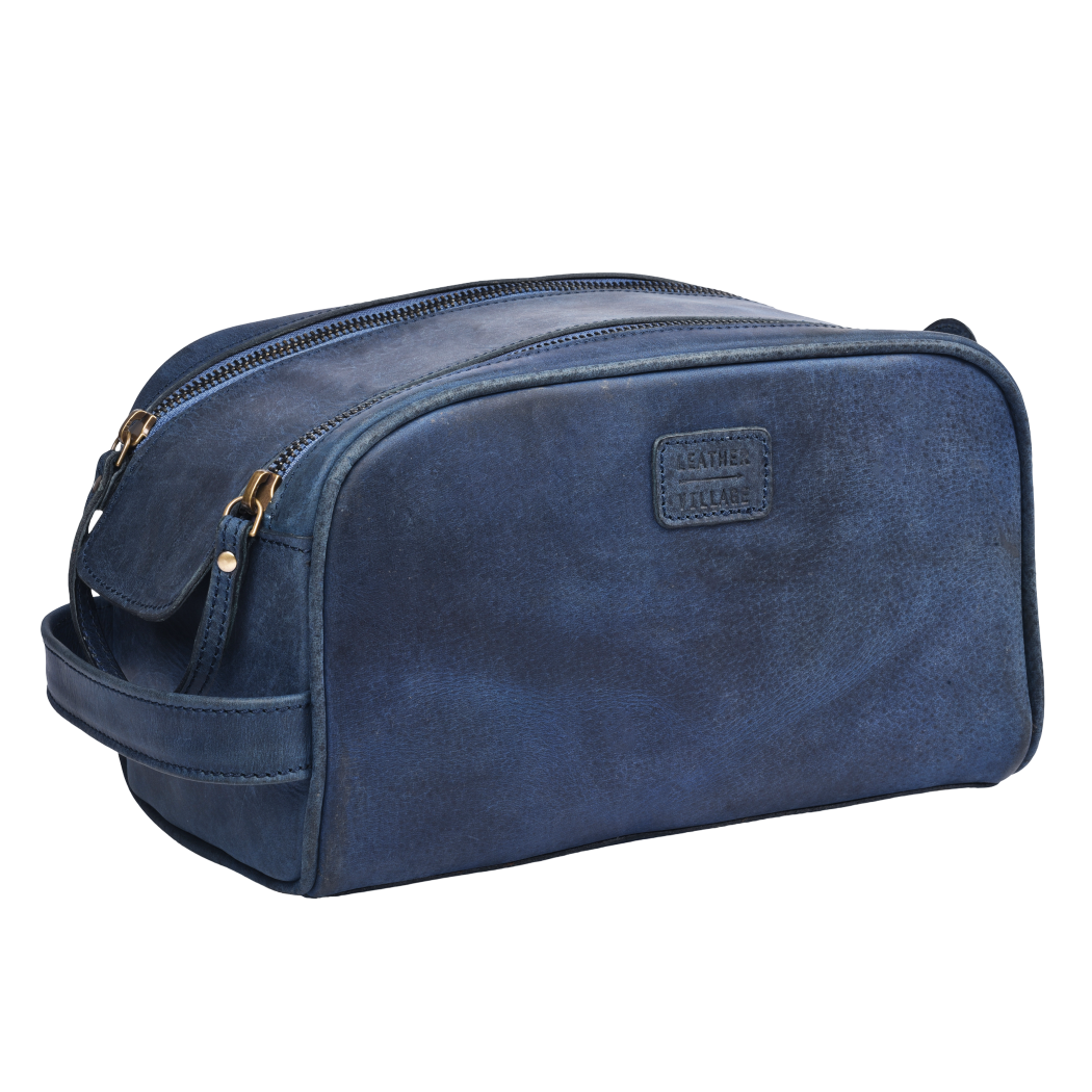 Blue Leather Toiletry Bag for Travel