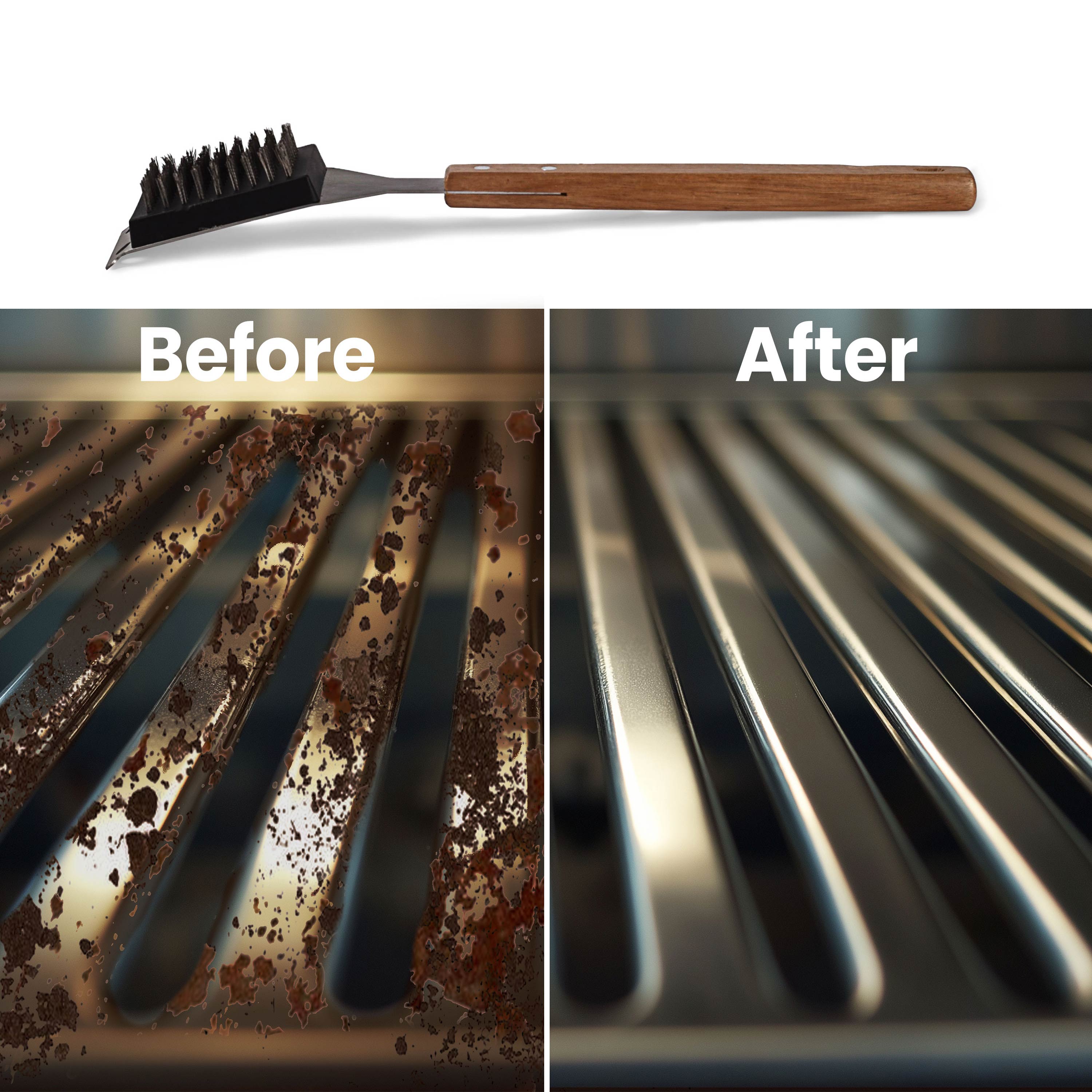 Grill Brush and Scraper for Barbecue with Replaceable Stainless Steel Bristles Head – Grill Brush for Outdoor Grill with Extended 15” Large Wooden Handle