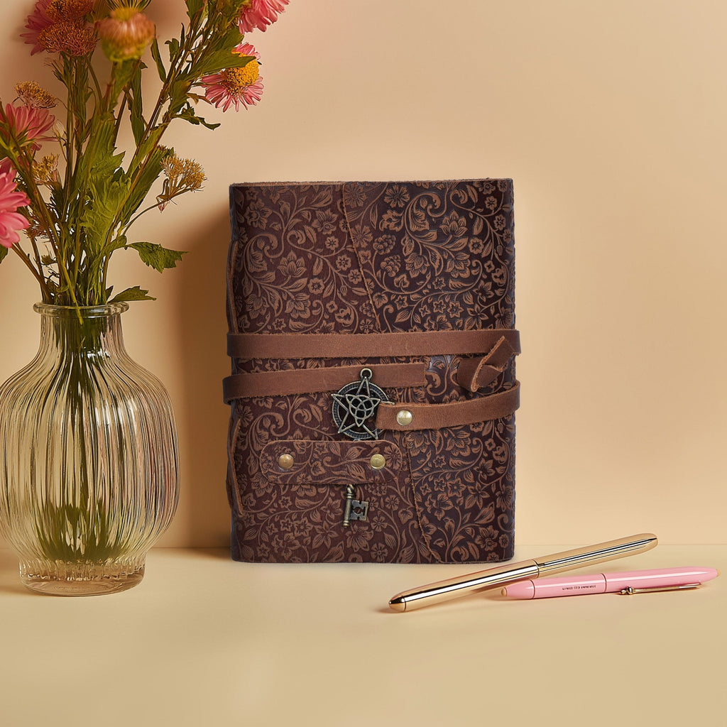 Leather Village elegant floral leather notebook diary