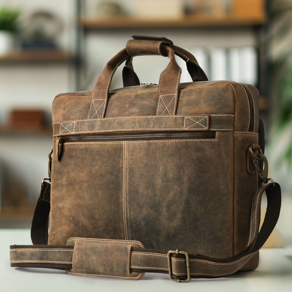 Leather Laptop Messenger Briefcase Bag - Cappuccino Brown