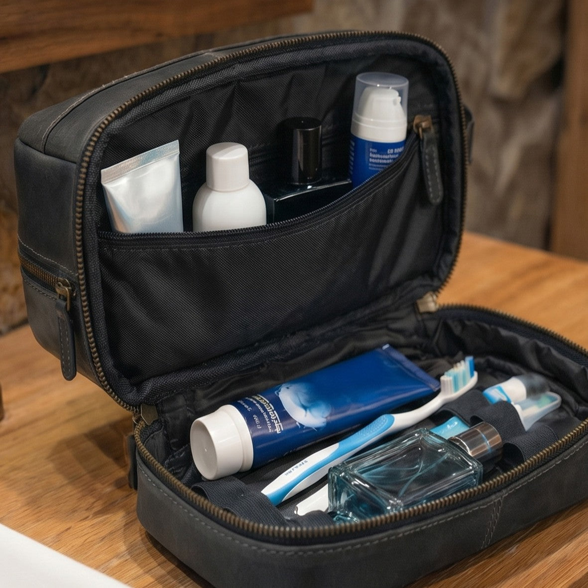 Leather Village Men’s Black Leather Wash Bag with Spacious Storage
