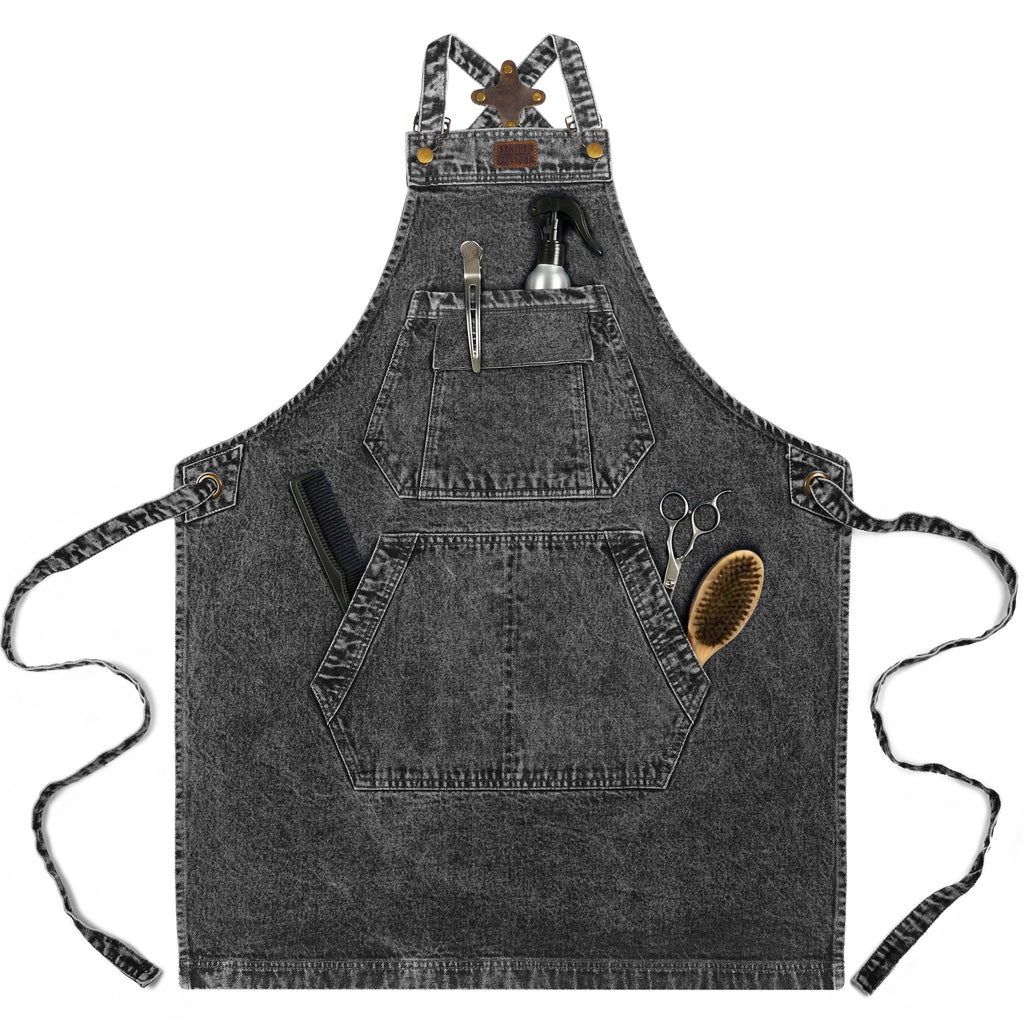 Premium black denim work apron for cooking grilling barber and workshop use