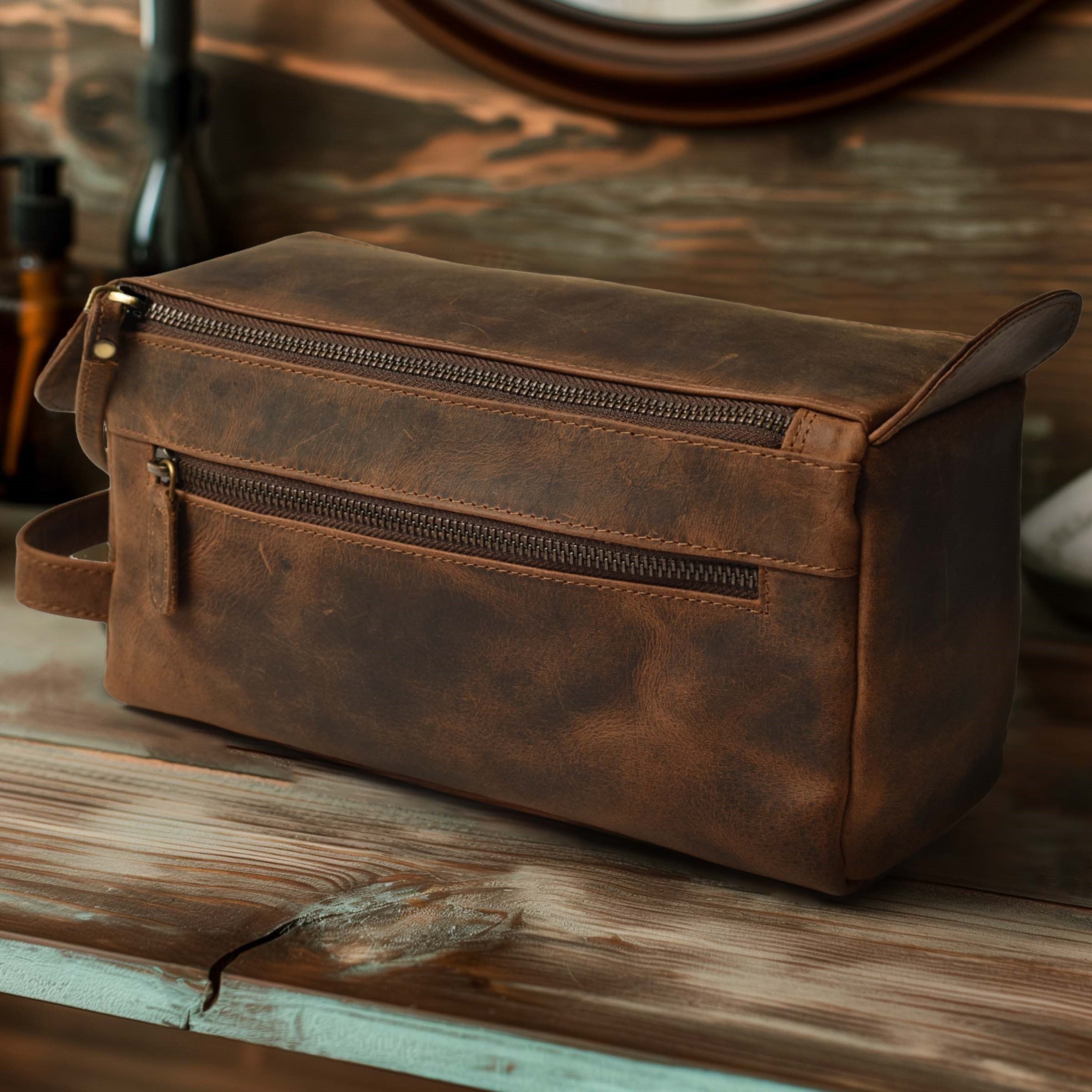 Leather Toiletry Bag for Travel - Rustic Brown