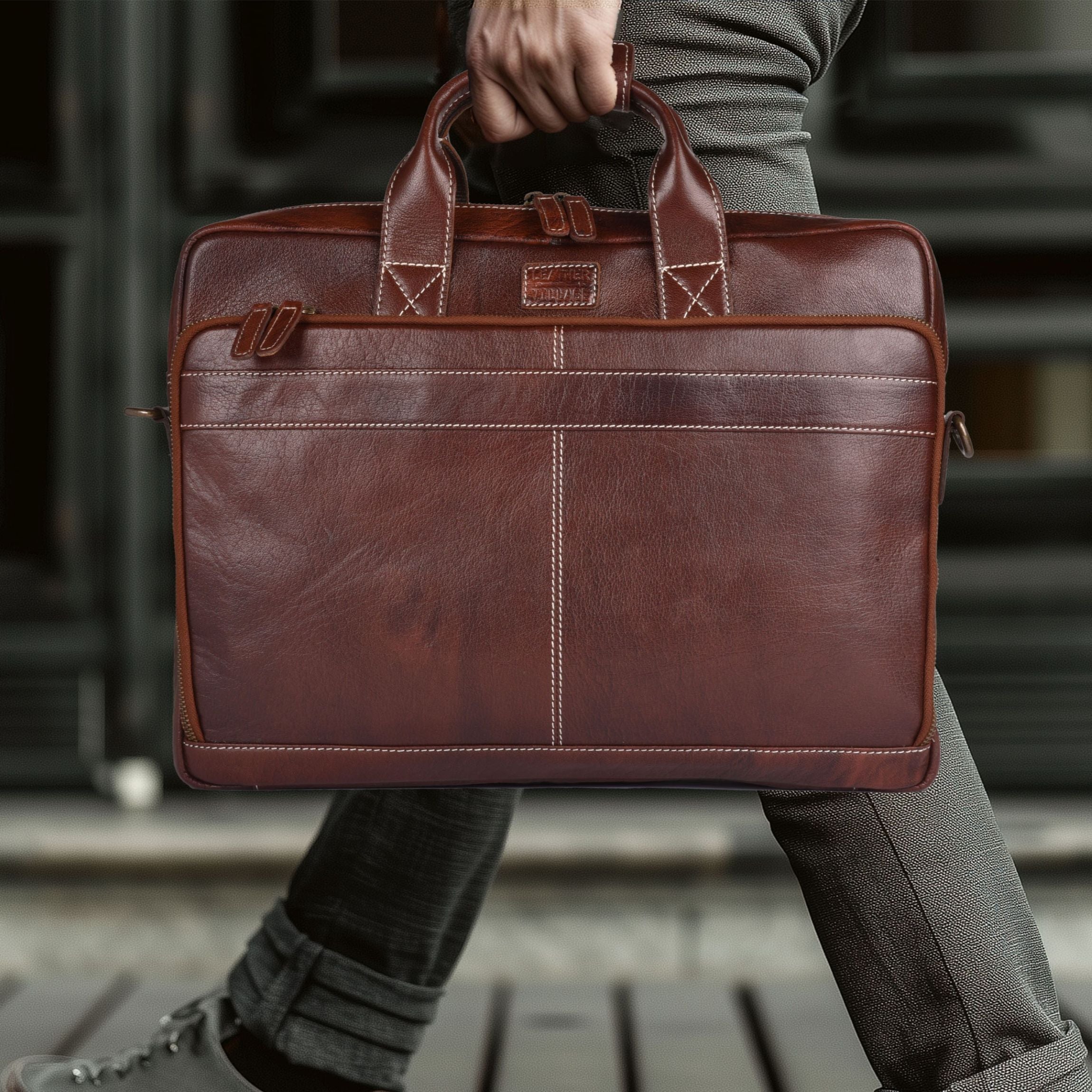 Leather Laptop Messenger Briefcase Bag - RED