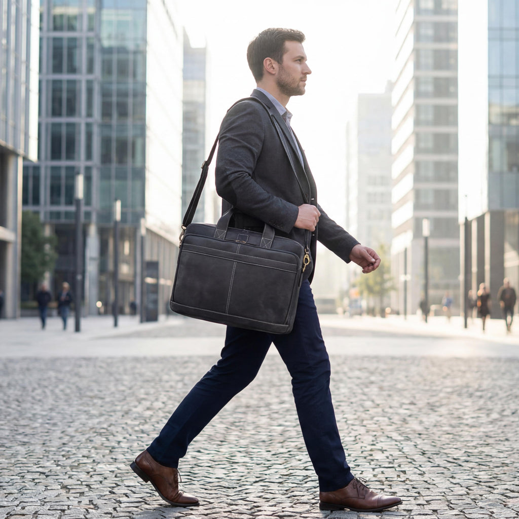 Leather Laptop Messenger Briefcase Bag - Black