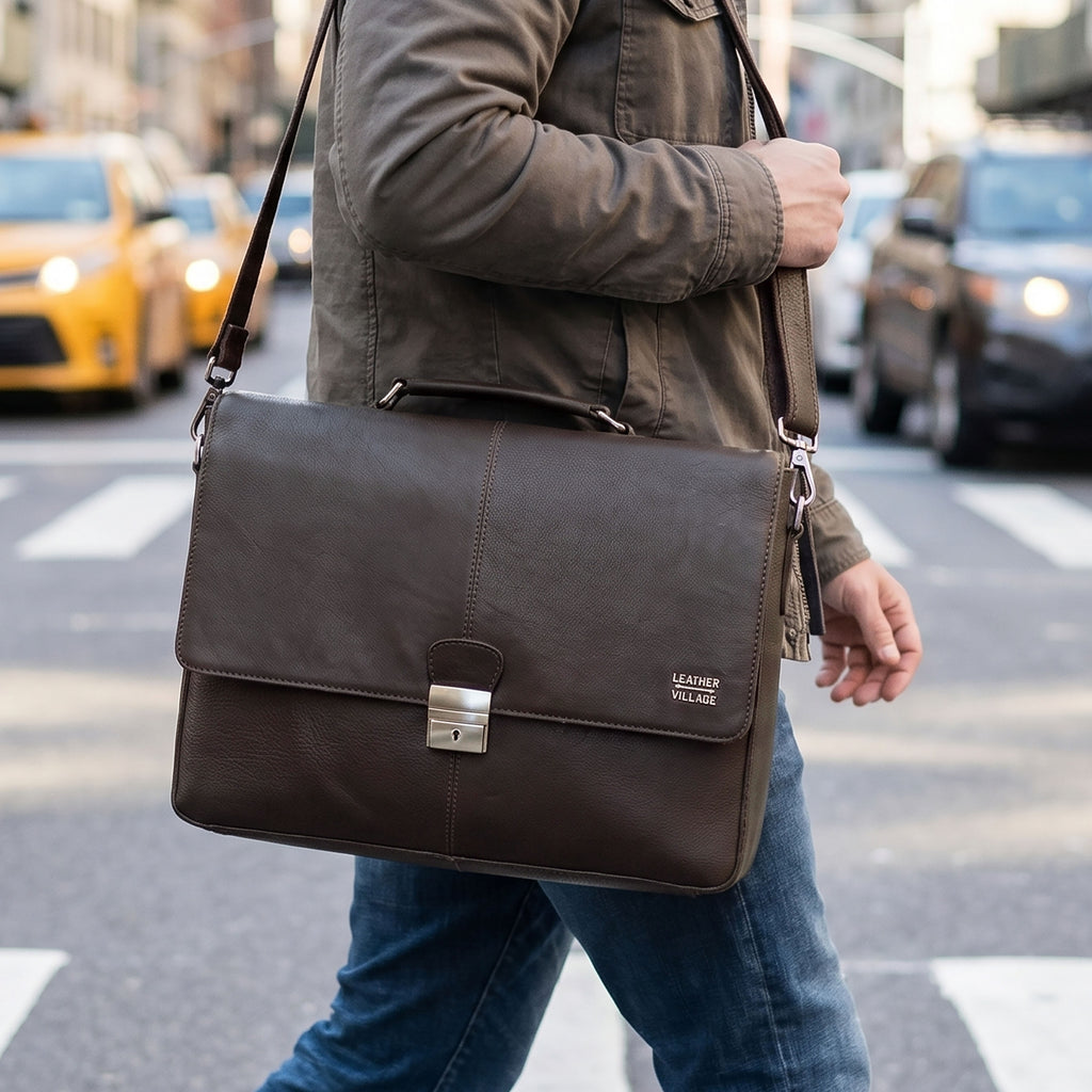 Leather Messenger Bag for Men & Women - Dark Brown