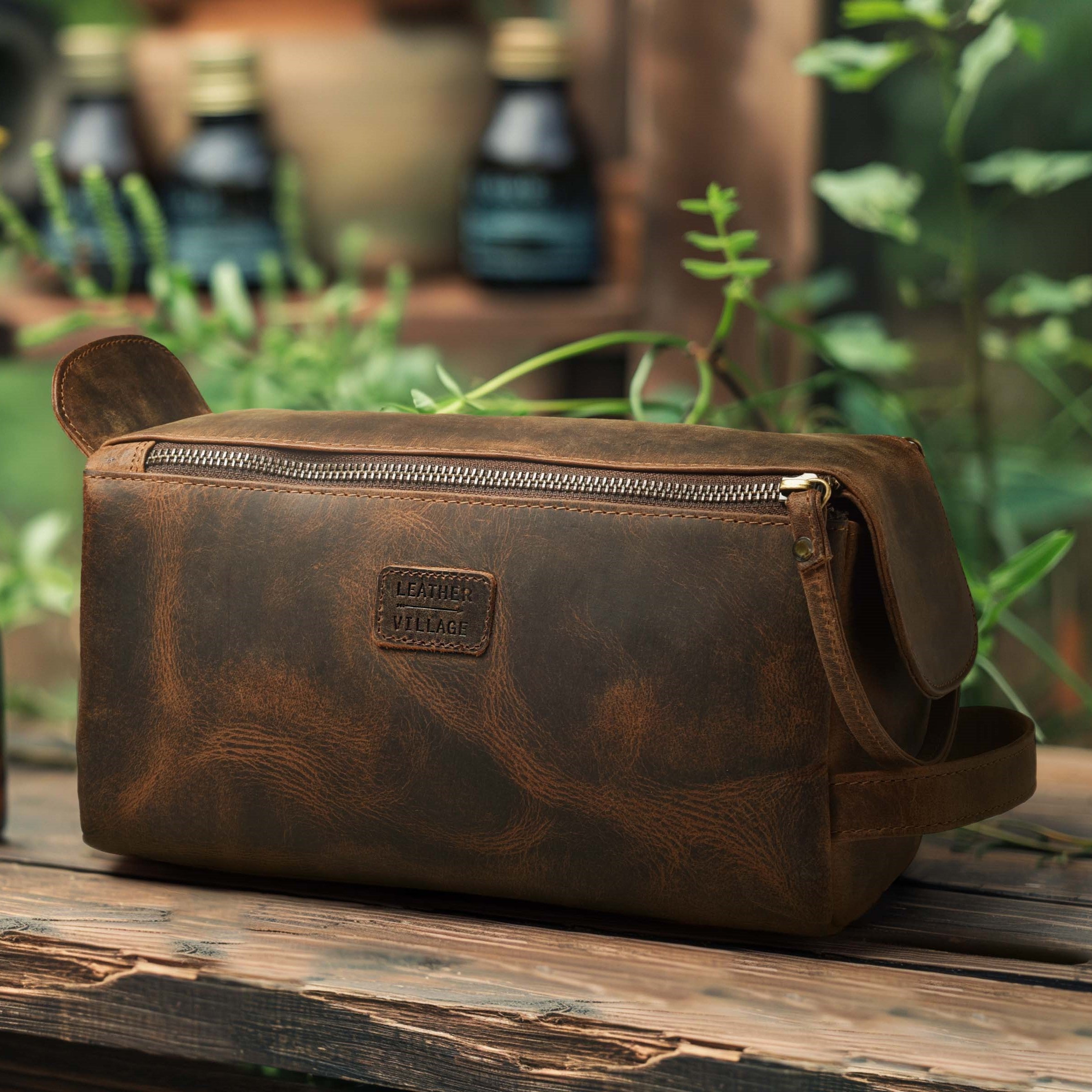 Leather Toiletry Bag for Travel - Rustic Brown