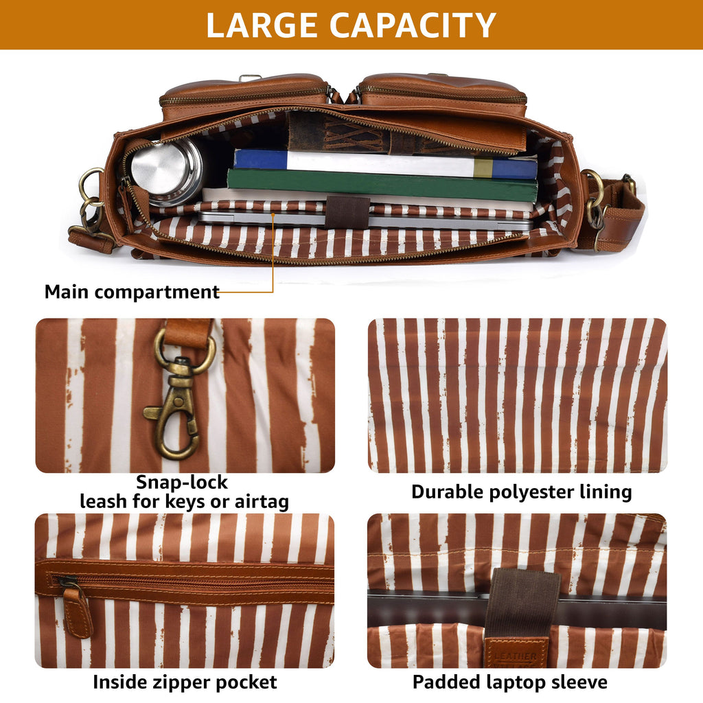 Briefcase Leather Messenger Bag - Tan