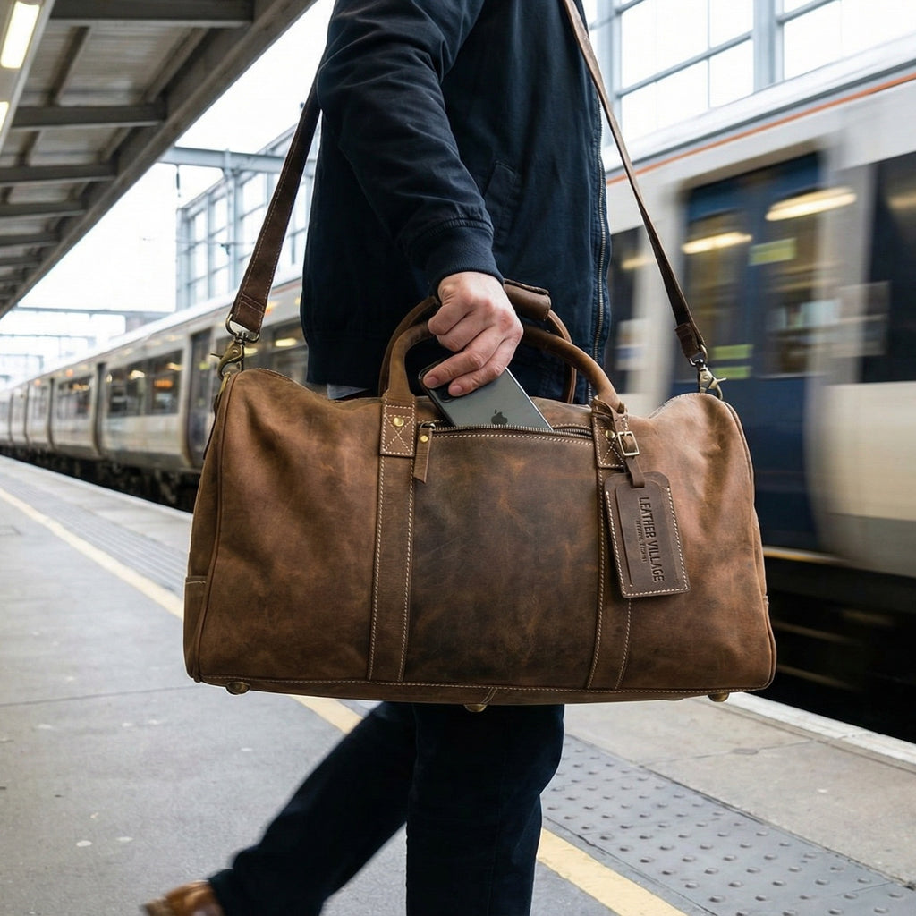 Leather Travel Duffel Bag - Brown