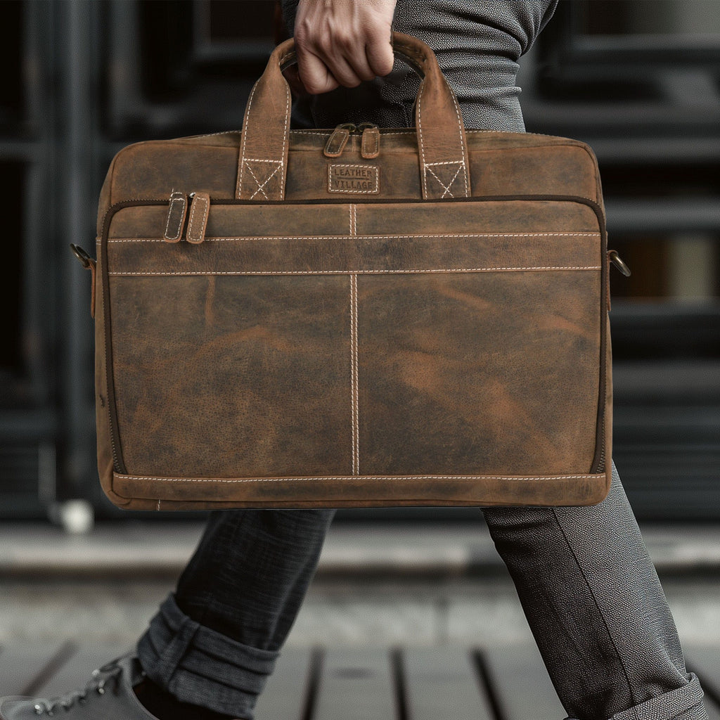 Leather Laptop Messenger Briefcase Bag - Cappuccino Brown