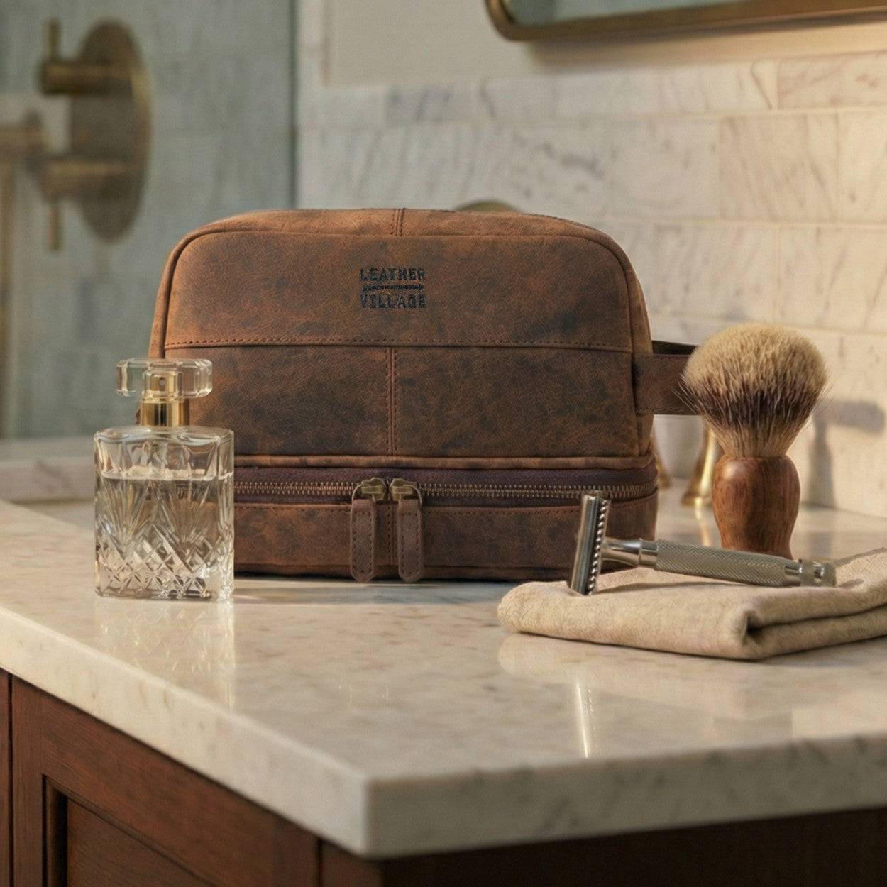 Leather Village Luxury Rustic Brown Leather Shaving Bag with Vintage Finish
