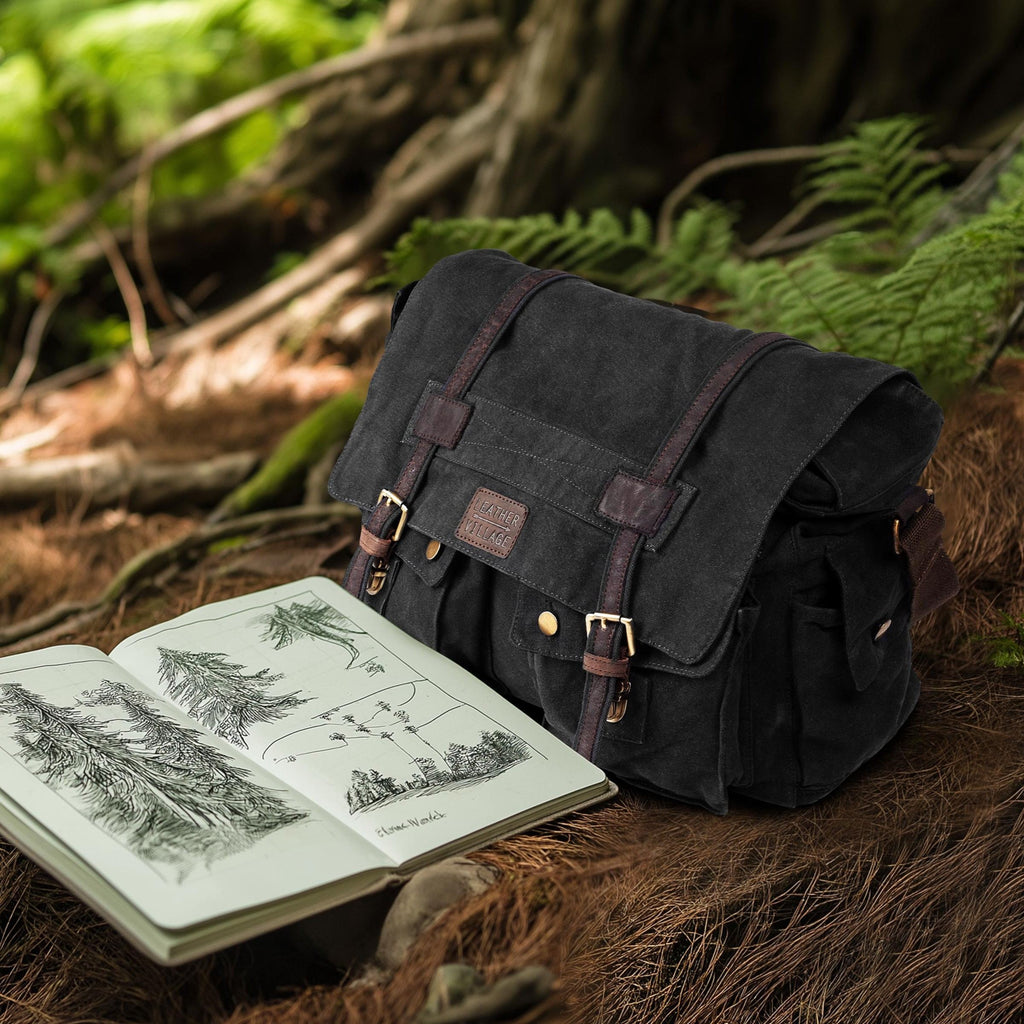 Canvas Messenger Shoulder Bag - Black