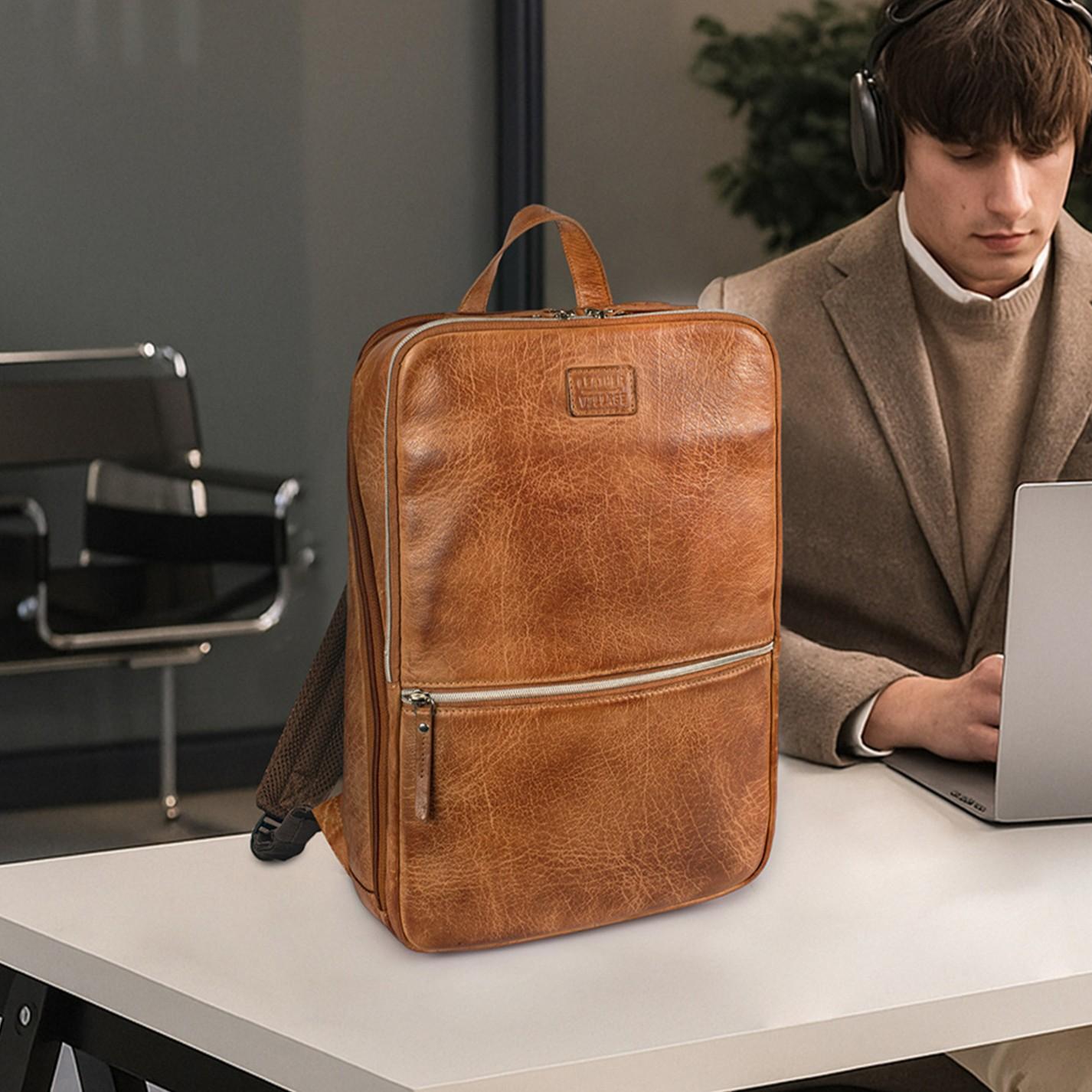 Tan Brown Leather Laptop Backpack for Work & Travel