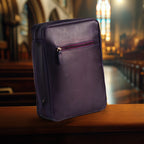 Vintage style purple leather Bible cover with durable craftsmanship