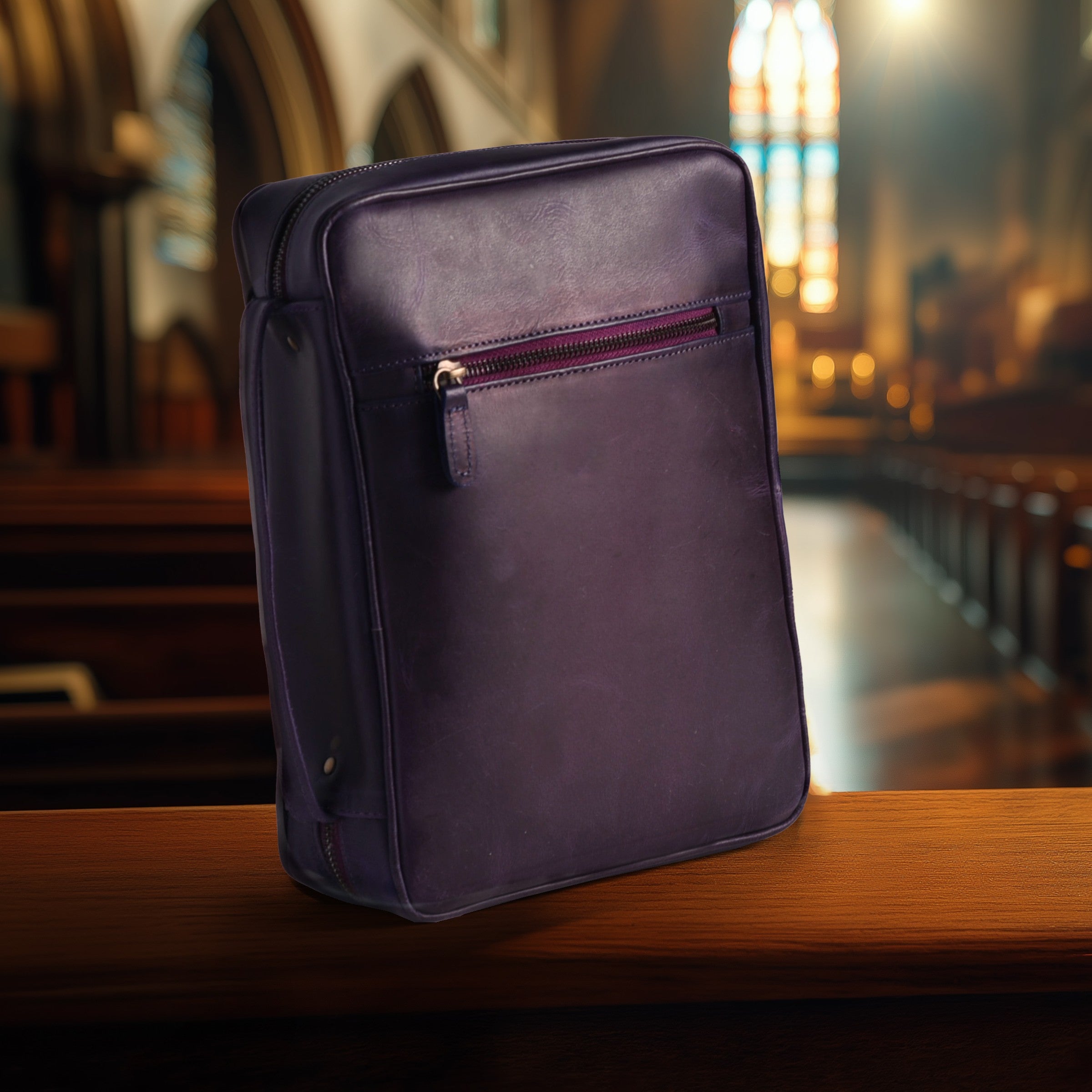 Vintage style purple leather Bible cover with durable craftsmanship