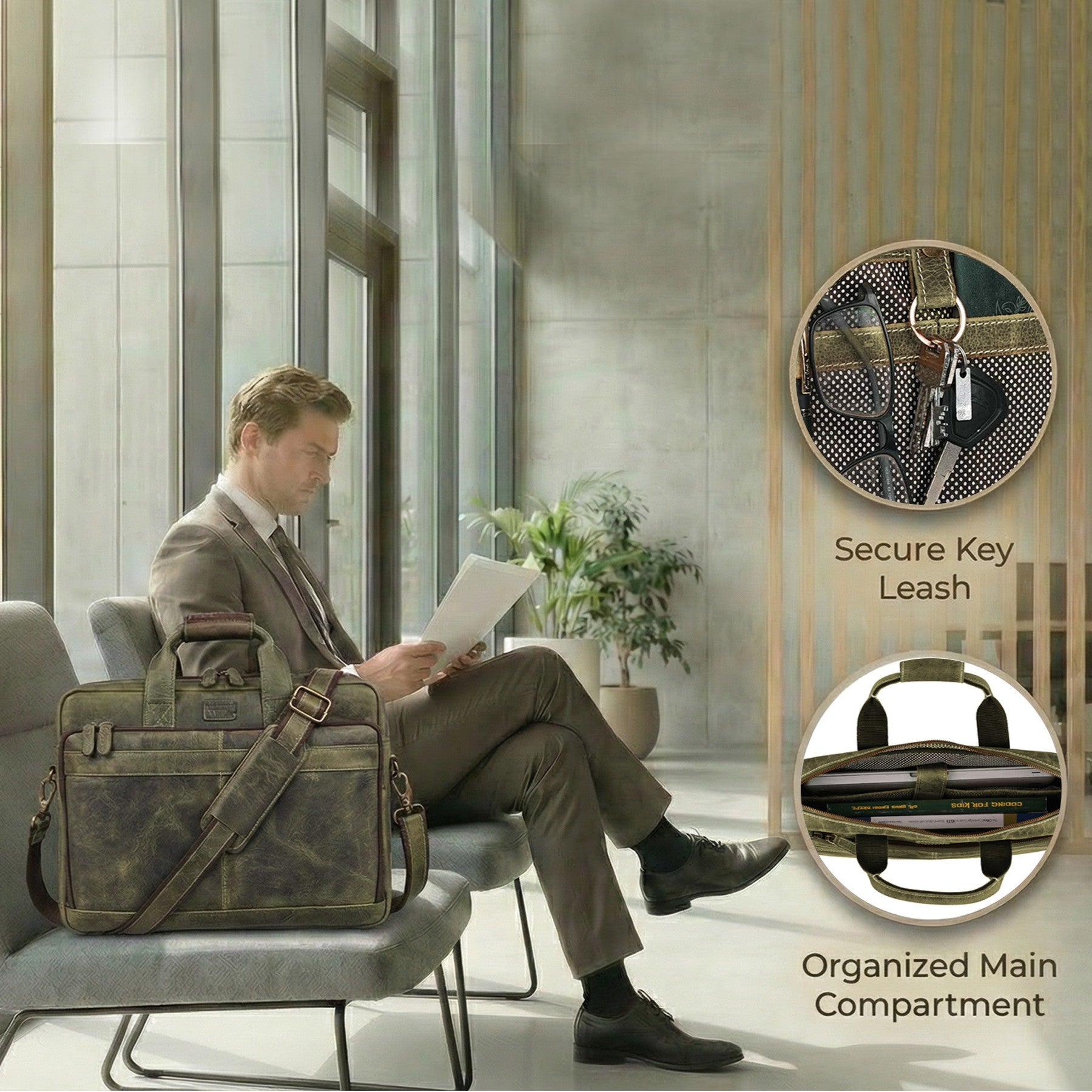 Leather Laptop Messenger Briefcase Bag - OLIVE Leather Village