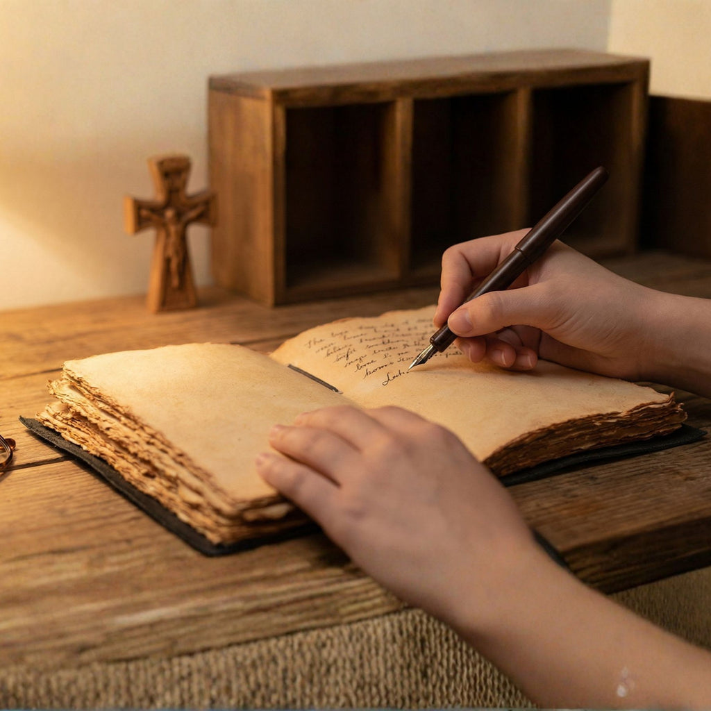 Luxury embossed brown leather Bible for prayer and devotion