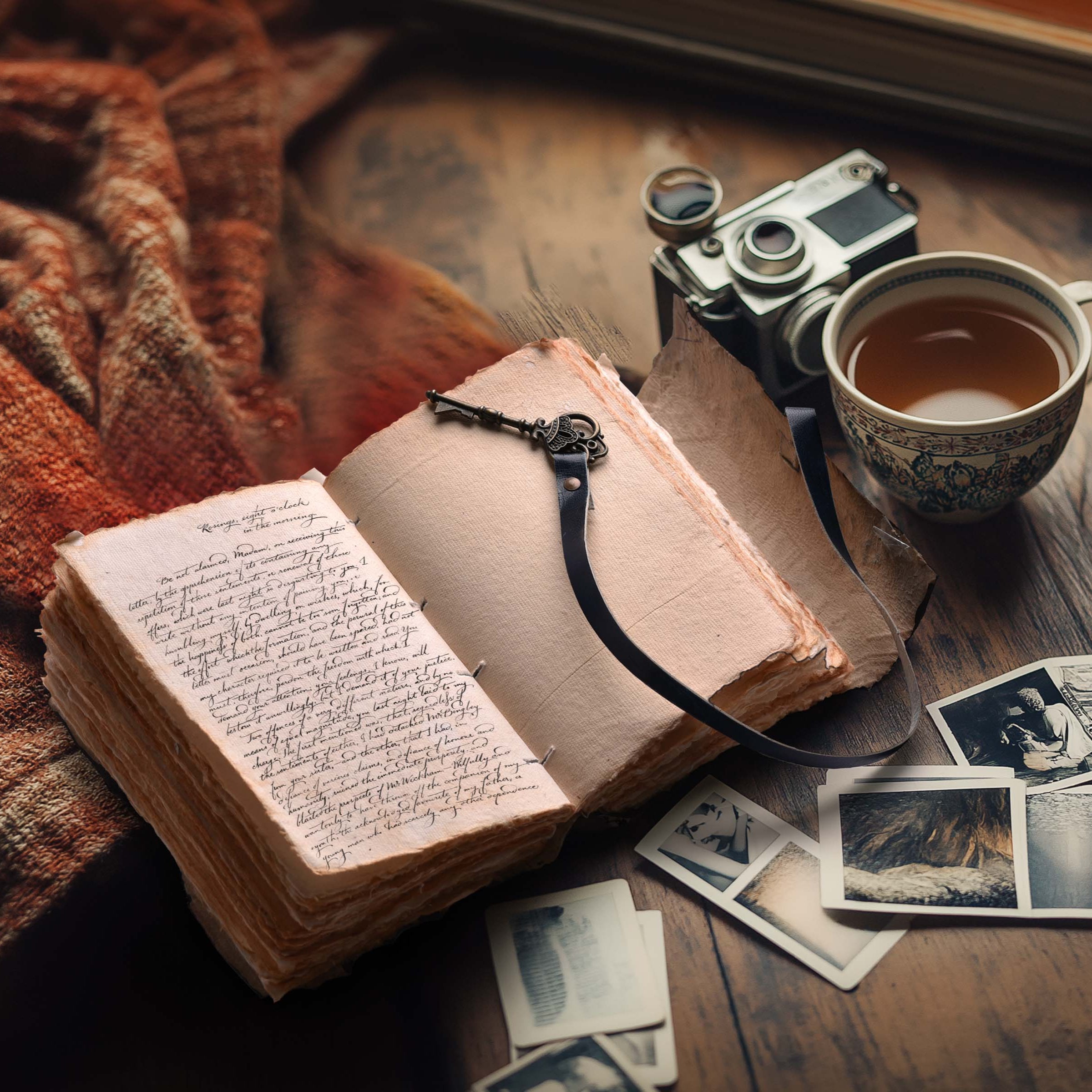 Genuine Leather Handmade Journal for Men & Women- Key Closure-Handmade Embossed Journal- 7x5 Inches- Black