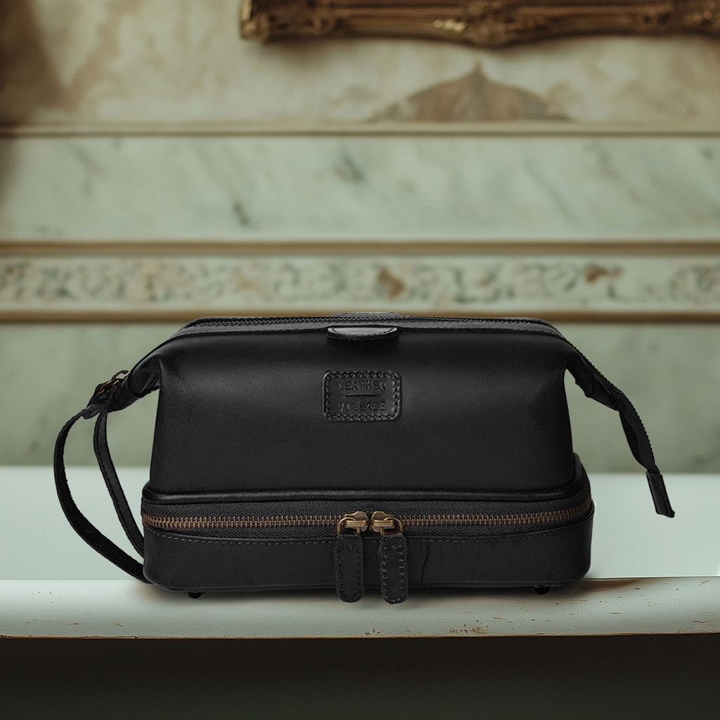 Black Leather Dopp Kit for Men – Water Resistant Travel Toiletry Bag – Leather Village