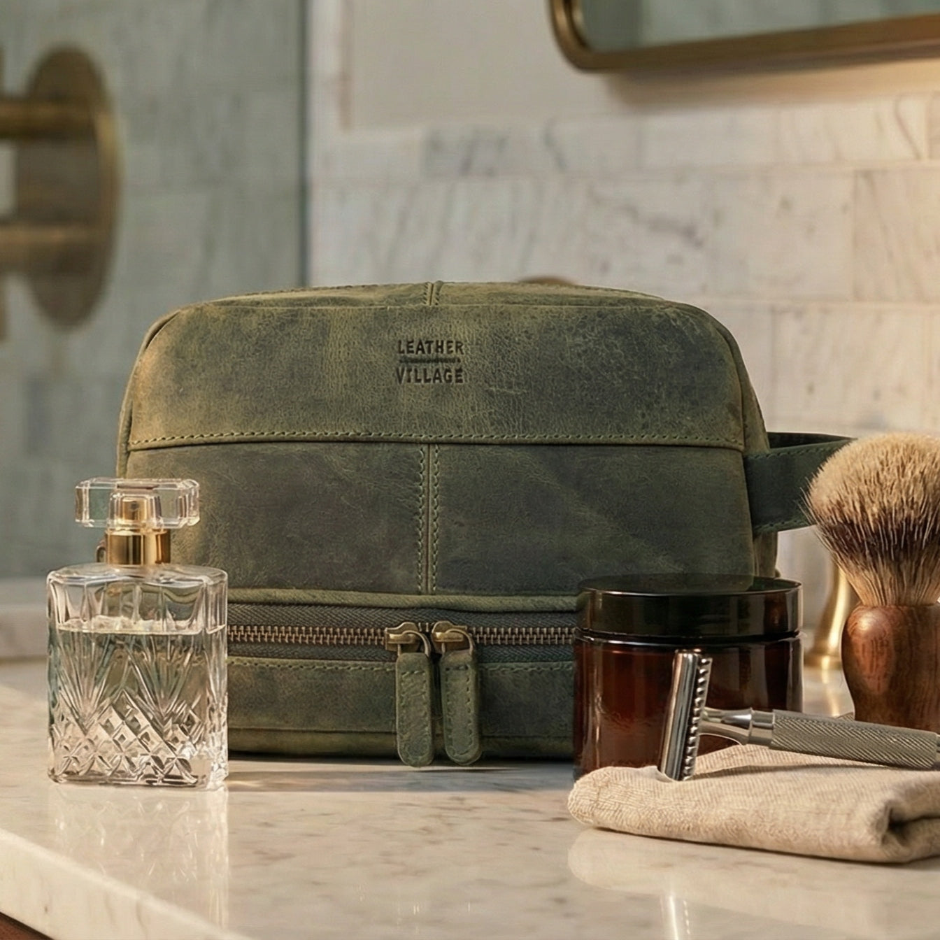 Leather Village Olive Genuine Leather Shaving Kit Bag for Men and Frequent Travelers